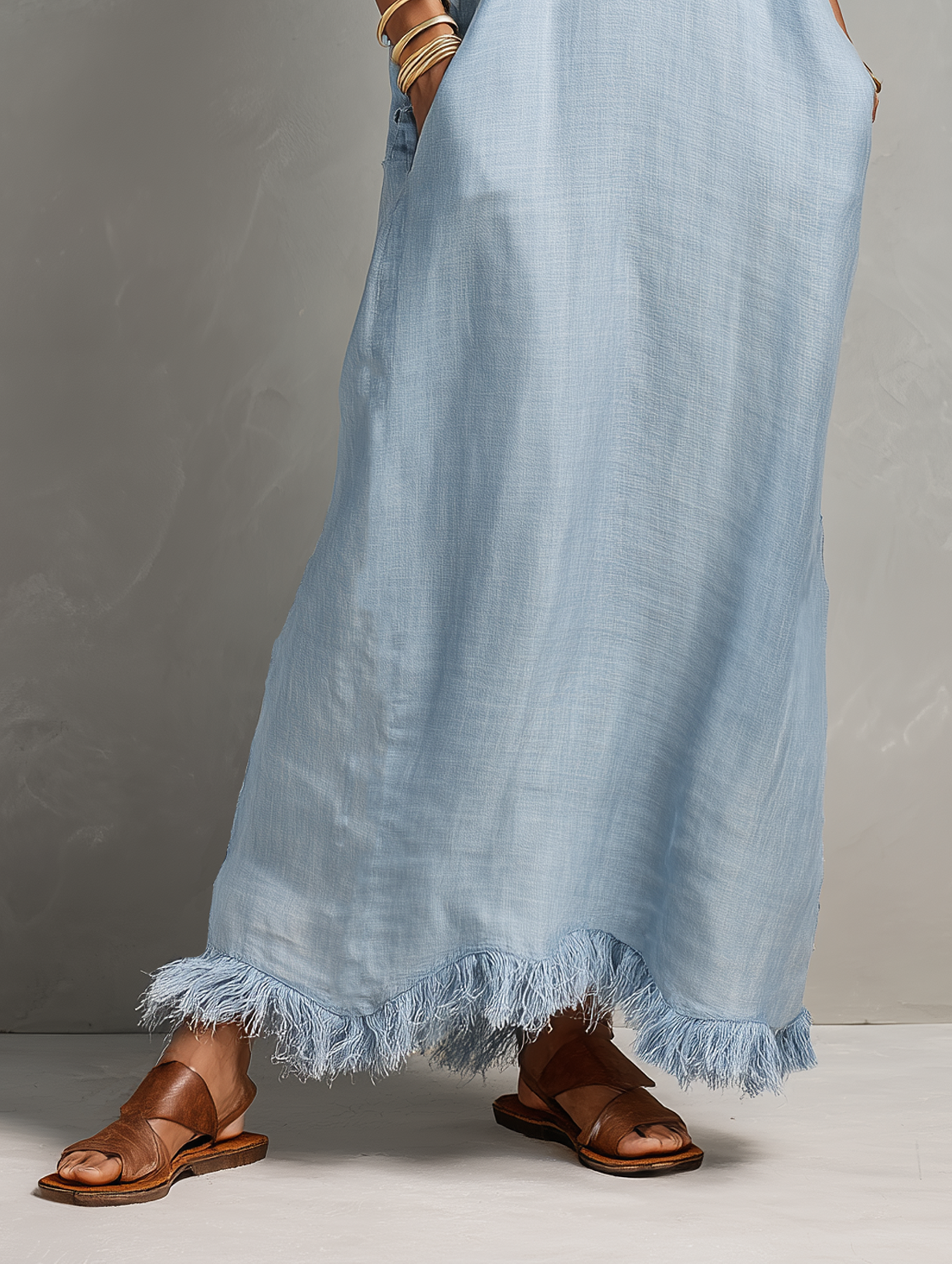 Women's Minimalist Linen-Blend Hooded Sleeveless Maxi Dress With Fringed Hem MDZ1213E7Y