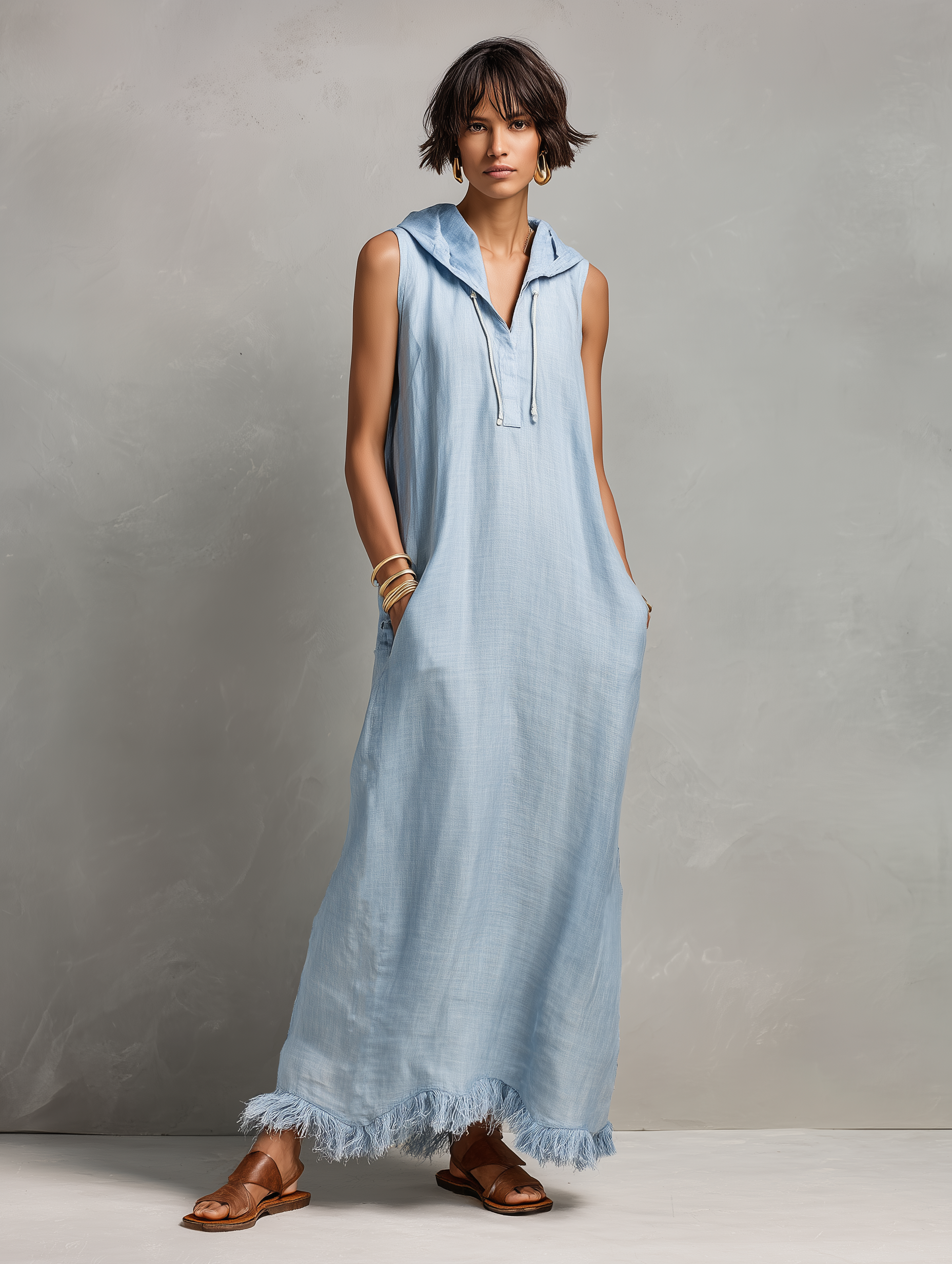 Women's Minimalist Linen-Blend Hooded Sleeveless Maxi Dress With Fringed Hem MDZ1213E7Y