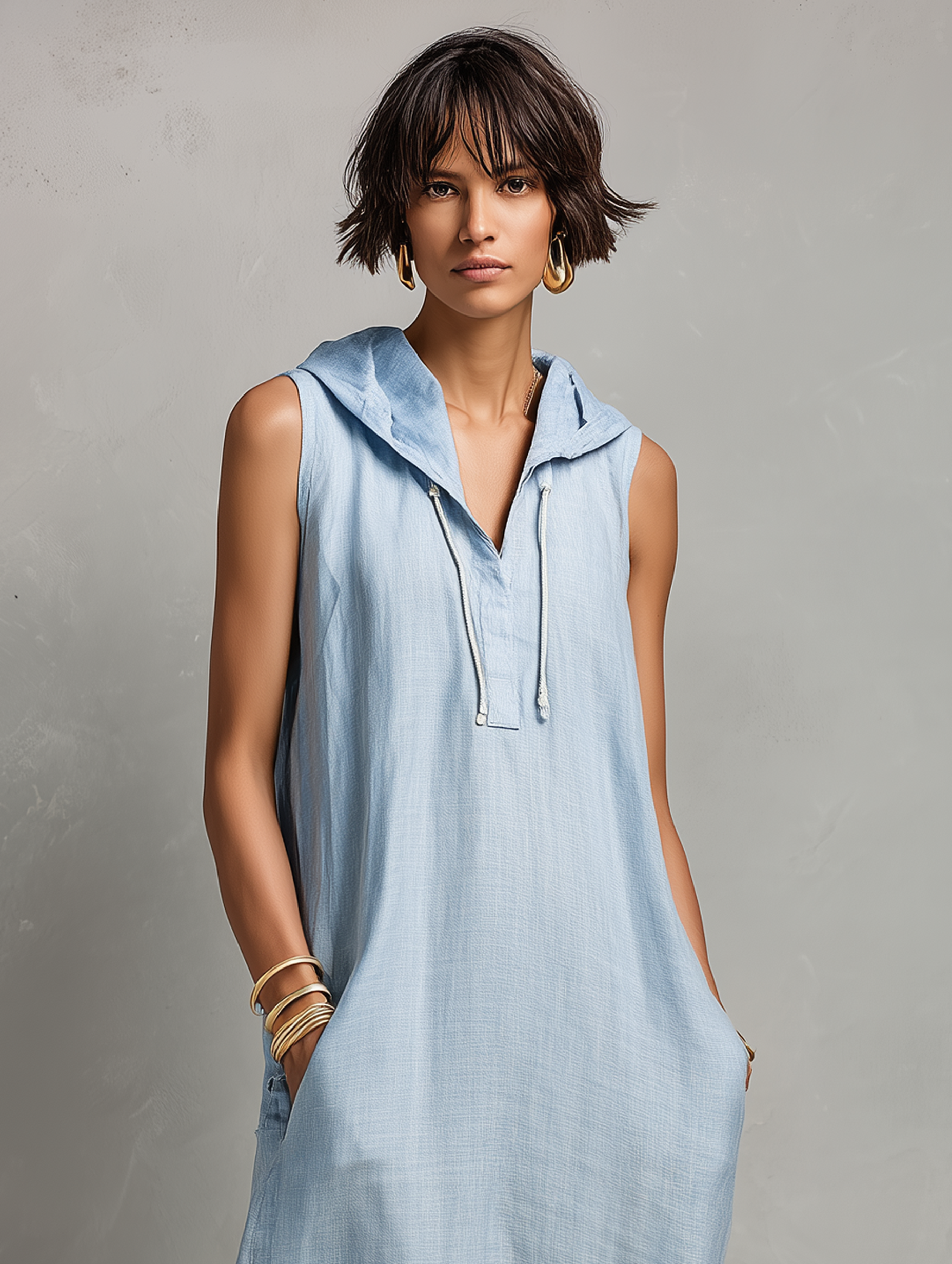 Women's Minimalist Linen-Blend Hooded Sleeveless Maxi Dress With Fringed Hem MDZ1213E7Y