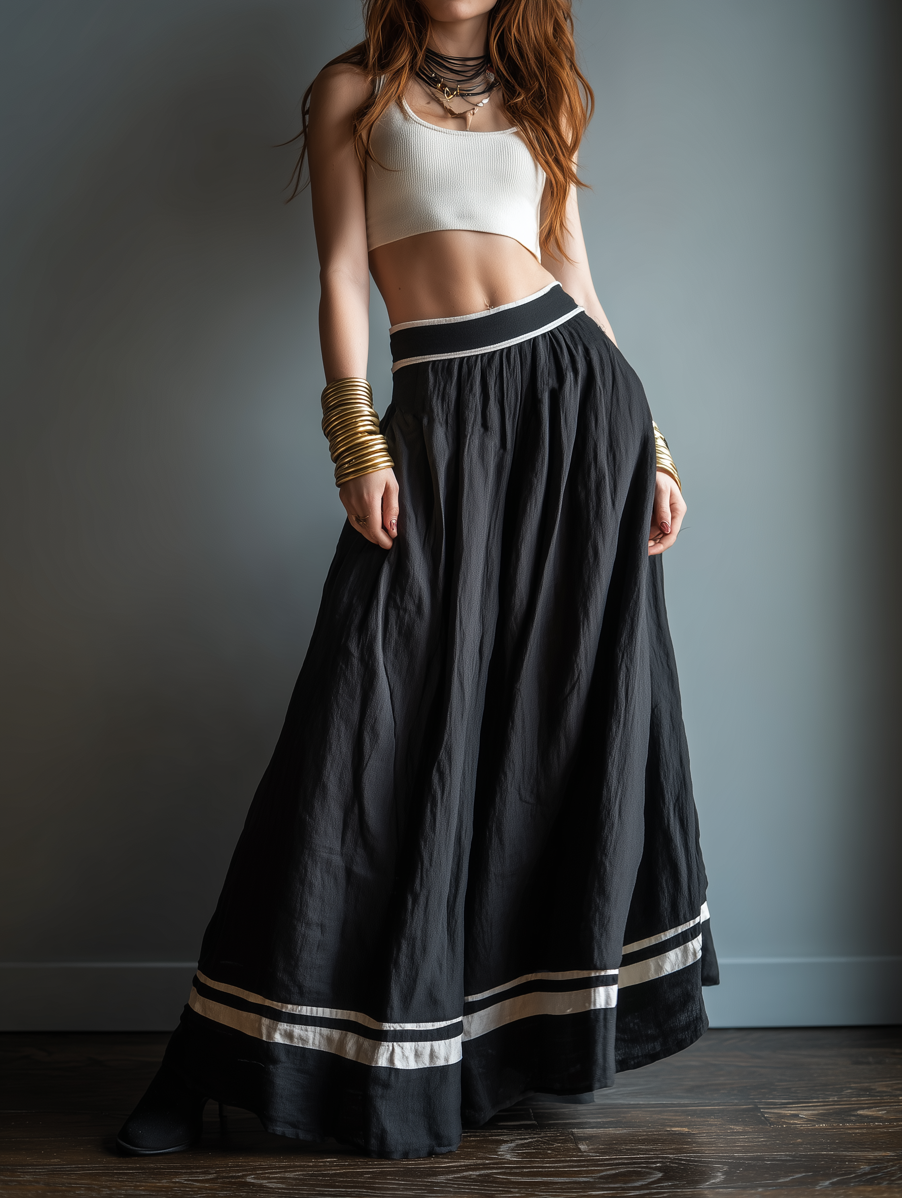 Women's Minimalist Linen-Blend Long Skirt With Contrast Piping MDZ1286E7Y