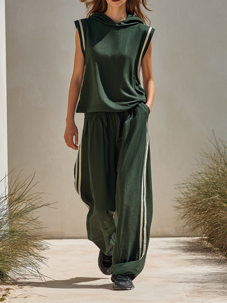 Women's Casual Sleeveless Hoodie & Wide-Leg Pants Set MDZ1247E3ZRK