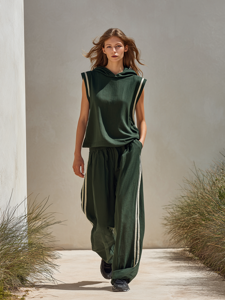 Women's Casual Sleeveless Hoodie & Wide-Leg Pants Set MDZ1247E3ZRK