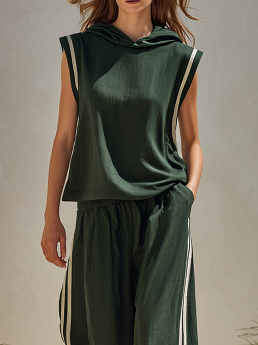 Women's Casual Sleeveless Hoodie & Wide-Leg Pants Set MDZ1247E3ZRK