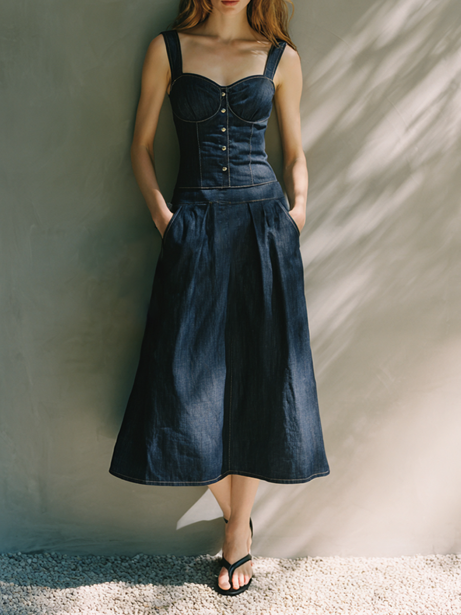Women's Elegant Denim Corset Midi Dress MDZ1250E8ZRK
