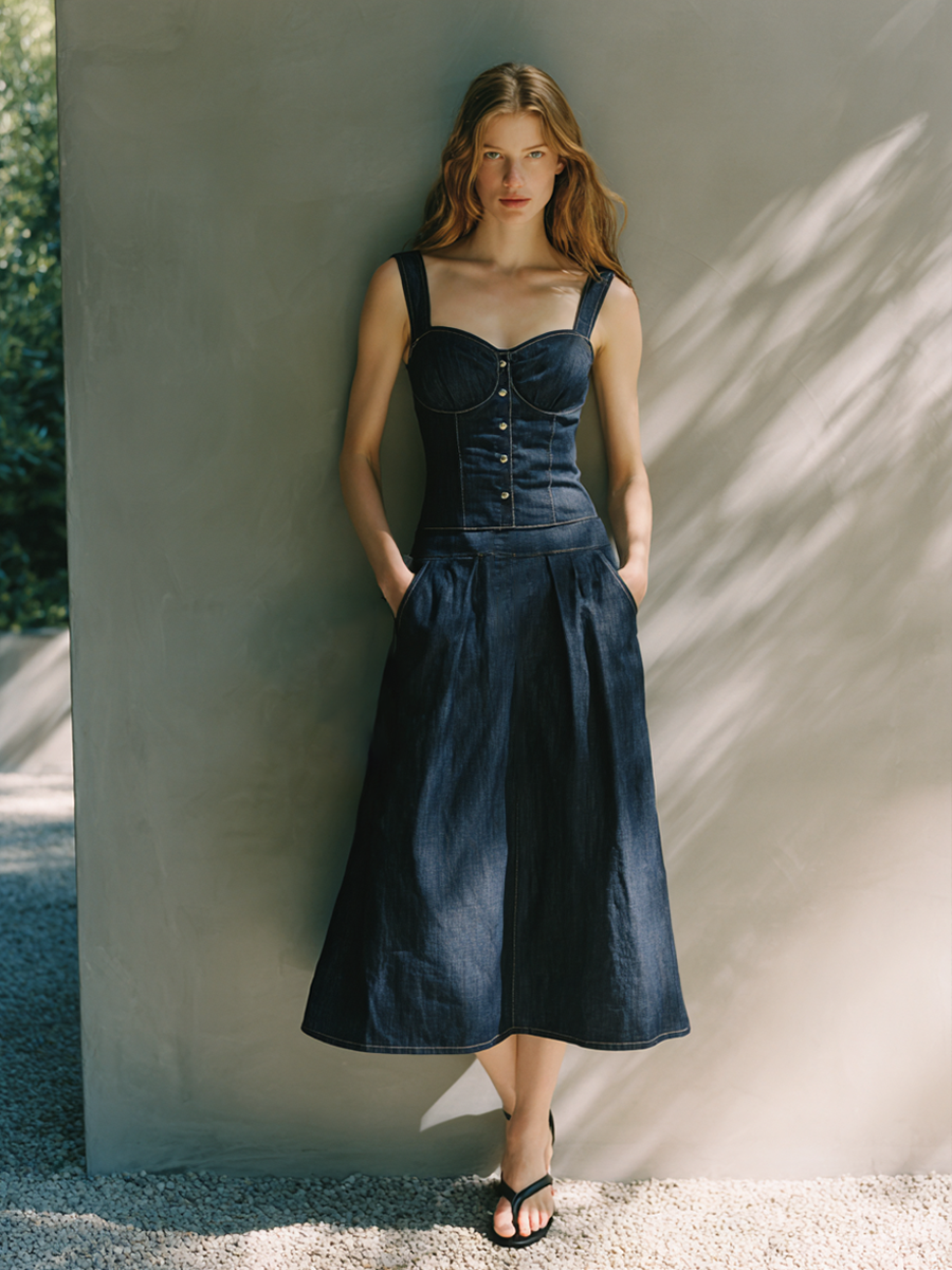 Women's Elegant Denim Corset Midi Dress MDZ1250E8ZRK