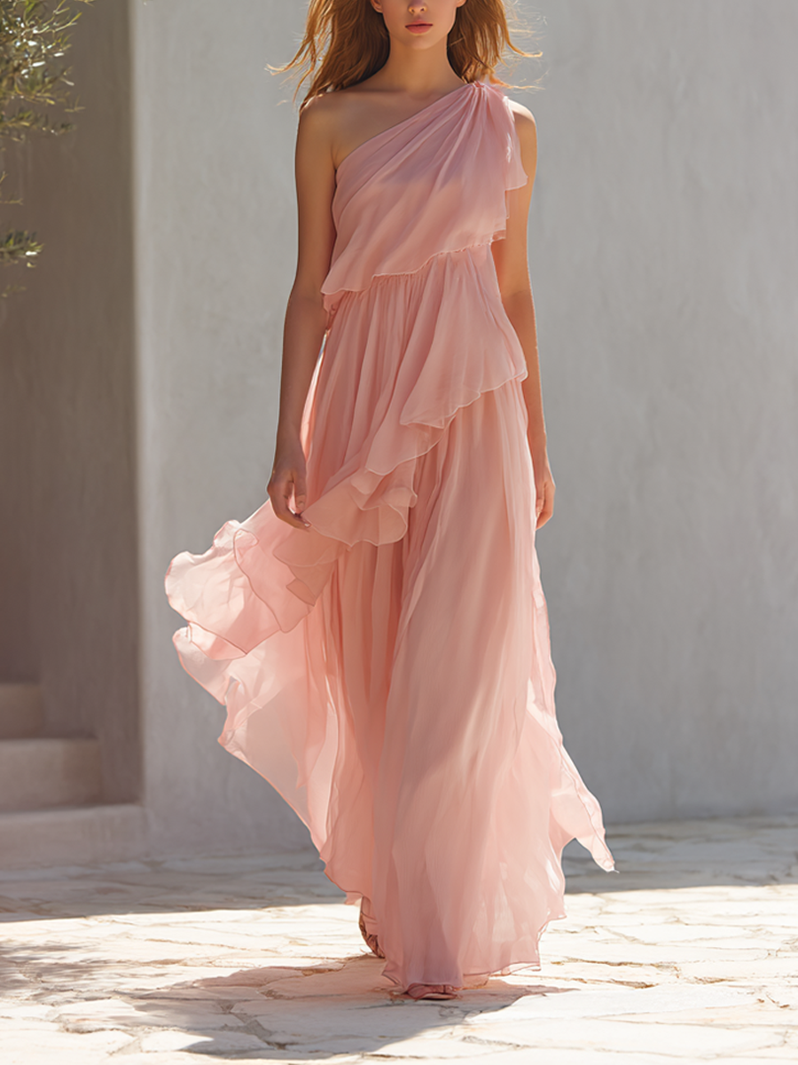 Women's Elegant One-Shoulder Ruffled Chiffon Maxi Dress MDZ1276E3ZRK