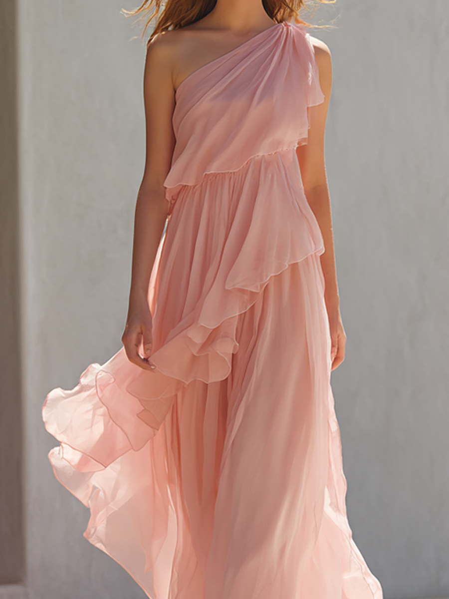 Women's Elegant One-Shoulder Ruffled Chiffon Maxi Dress MDZ1276E3ZRK