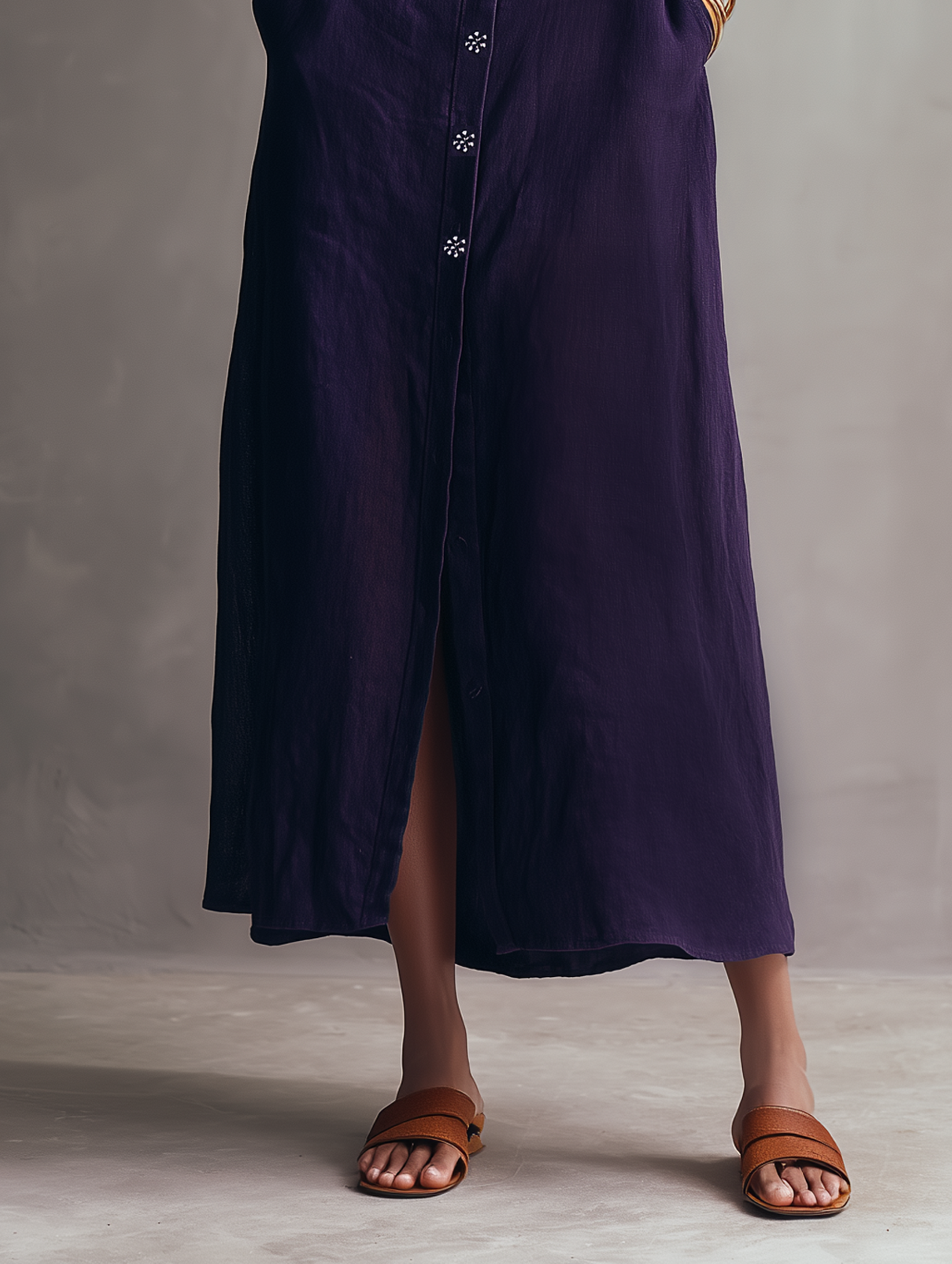 Women's Minimalist Linen-Blend Embroidered Sleeveless Single-Breasted Maxi Dress MDZ1258E1Y