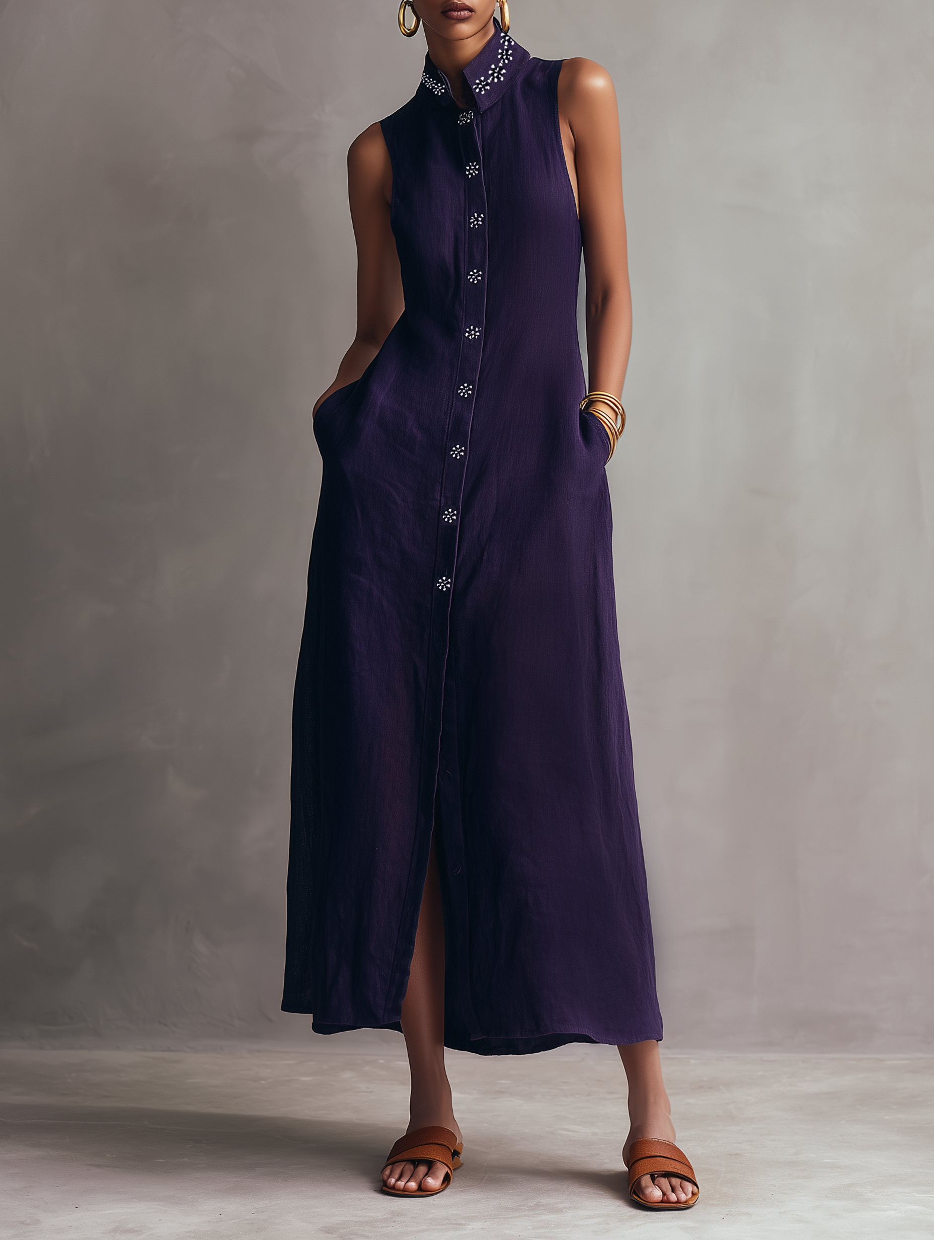 Women's Minimalist Linen-Blend Embroidered Sleeveless Single-Breasted Maxi Dress MDZ1258E1Y