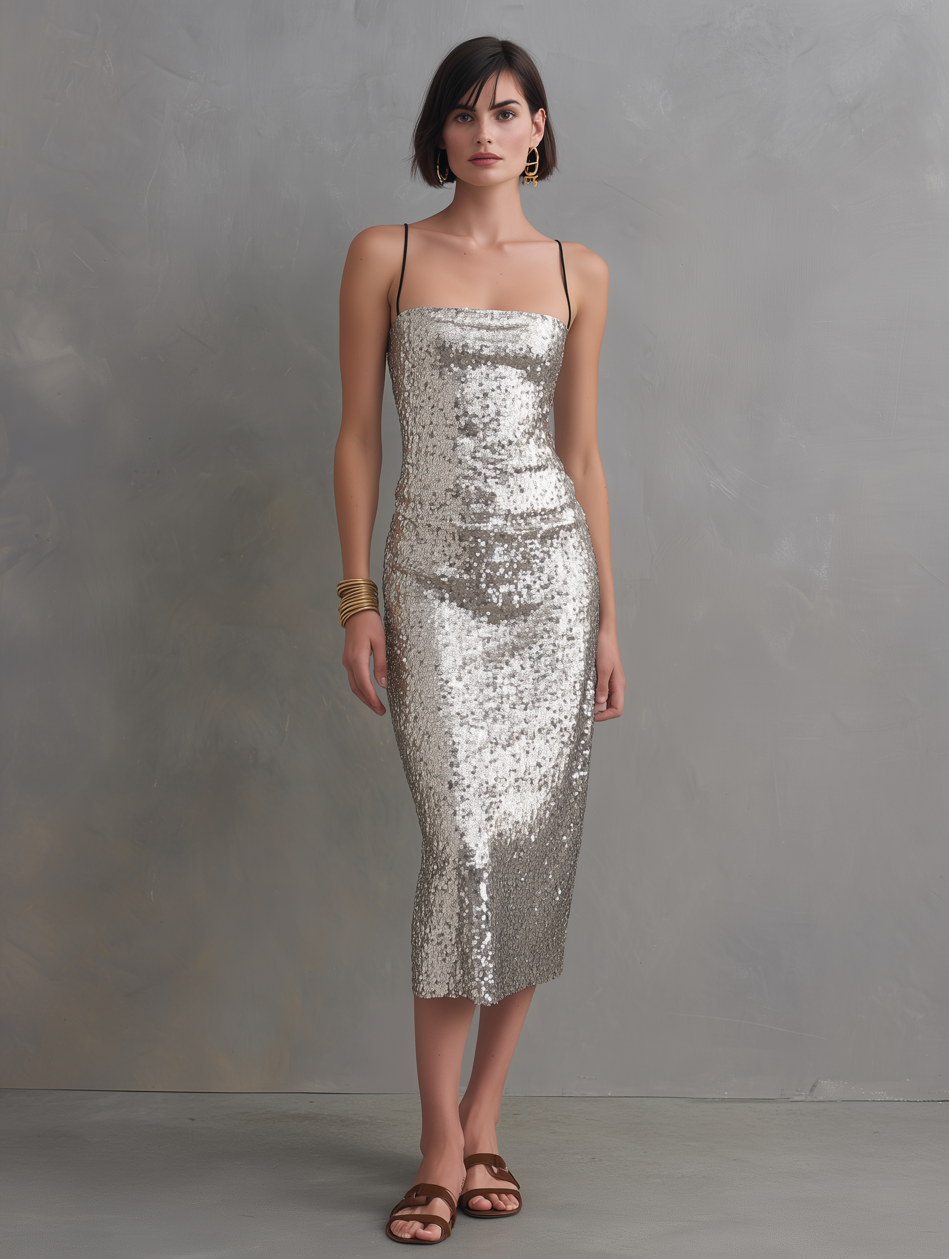 Women's Minimalist Sequin Spaghetti-Strap Midi Dress MDZ1203E4Y