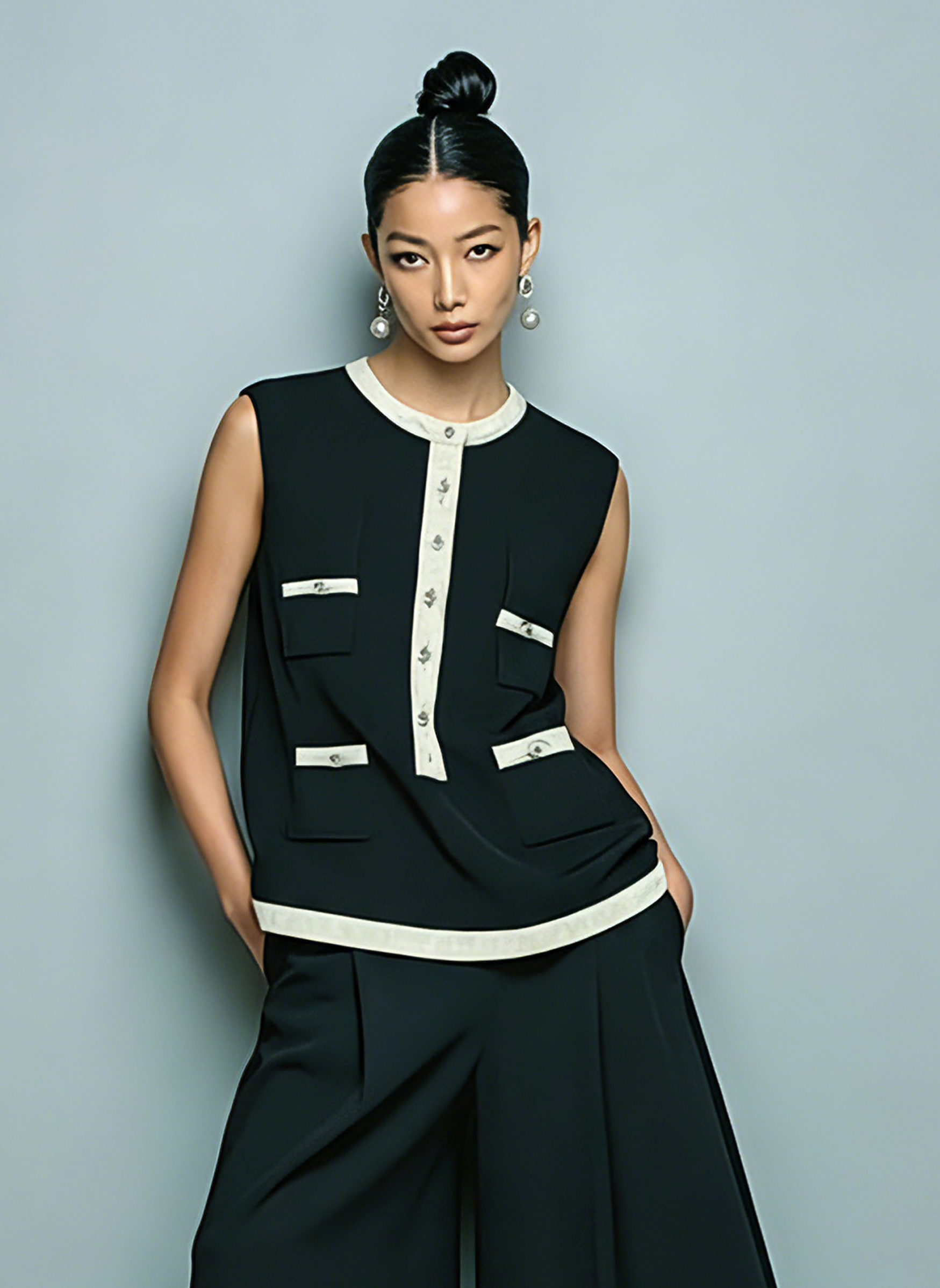 Women's Minimalist Tencel-Blend Sleeveless Blouse & Wide-Leg Pants Set MDZ1276E5Y