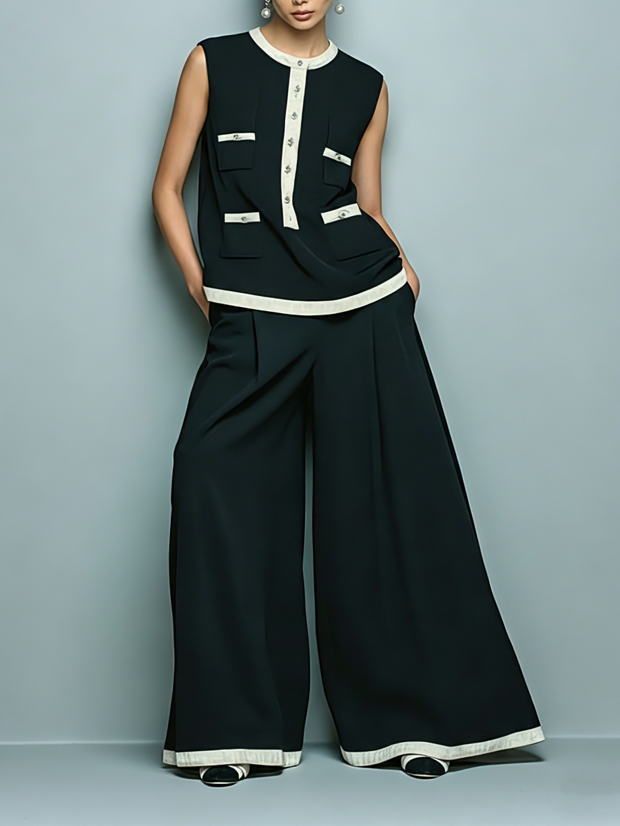 Women's Minimalist Tencel-Blend Sleeveless Blouse & Wide-Leg Pants Set MDZ1276E5Y