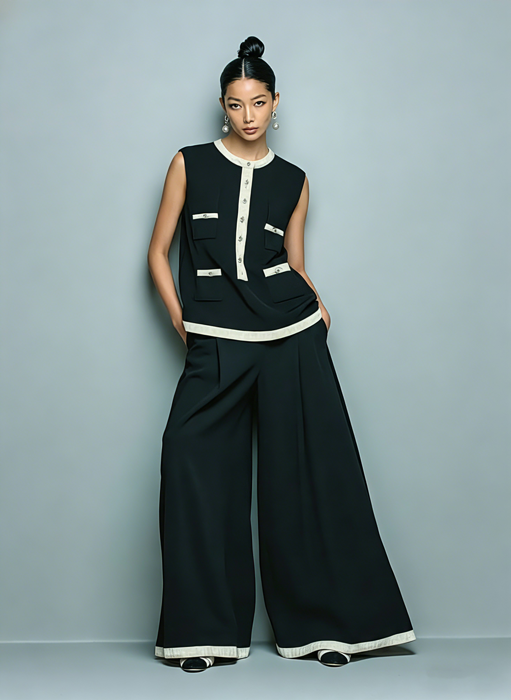 Women's Minimalist Tencel-Blend Sleeveless Blouse & Wide-Leg Pants Set MDZ1276E5Y
