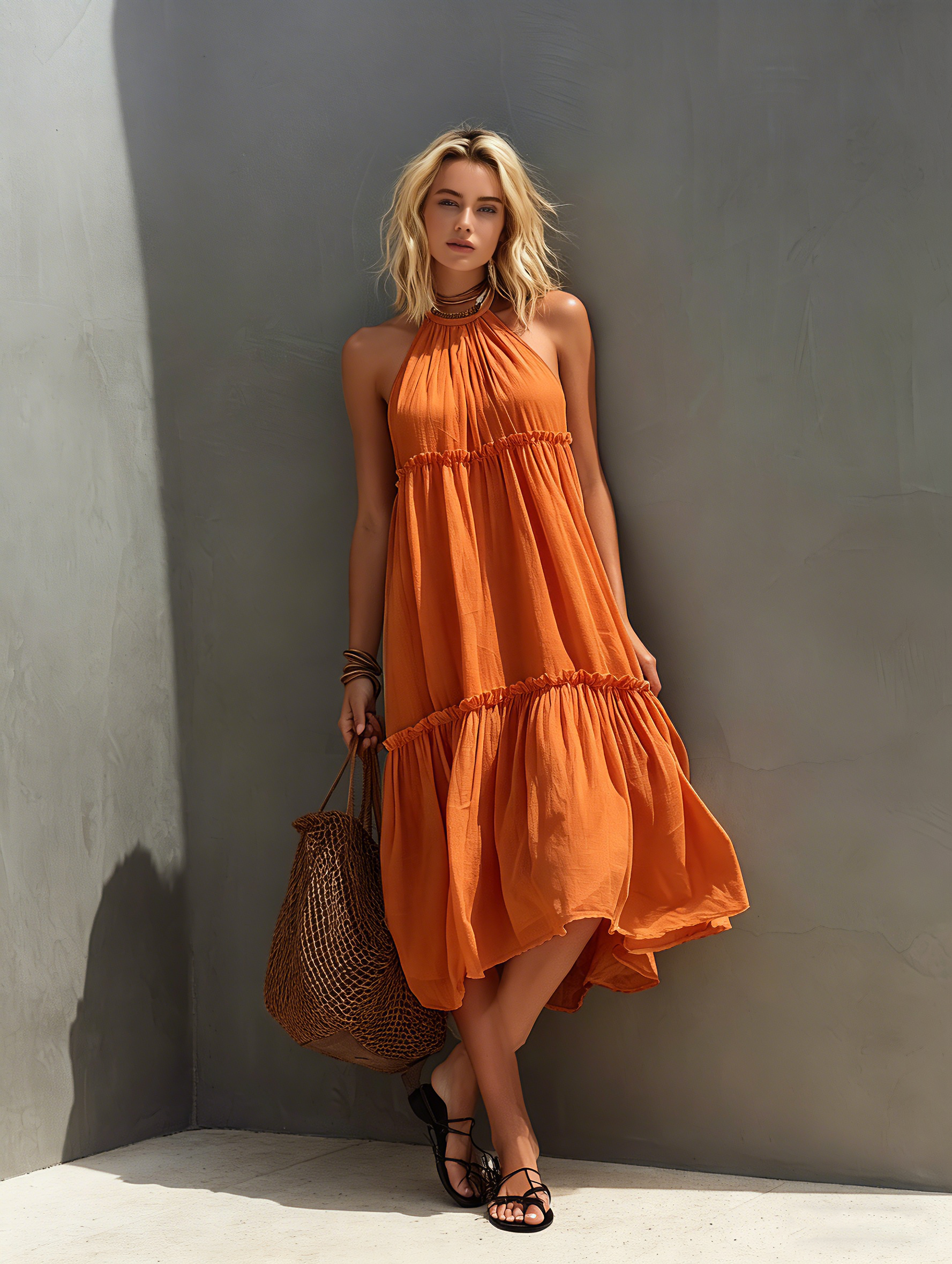 Women's Casual Orange Cotton-Linen Sleeveless Midi Dress With Round Neck MDZ1279E6LXY