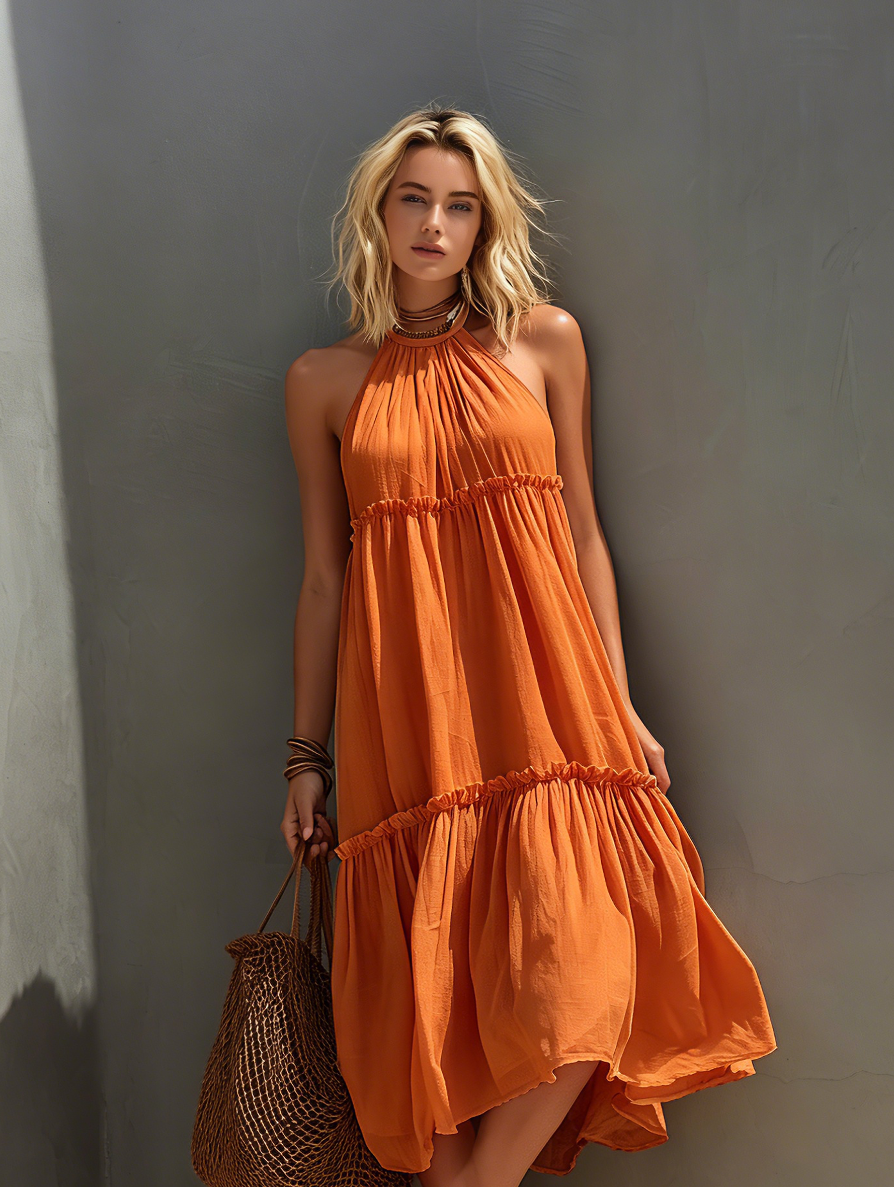 Women's Casual Orange Cotton-Linen Sleeveless Midi Dress With Round Neck MDZ1279E6LXY