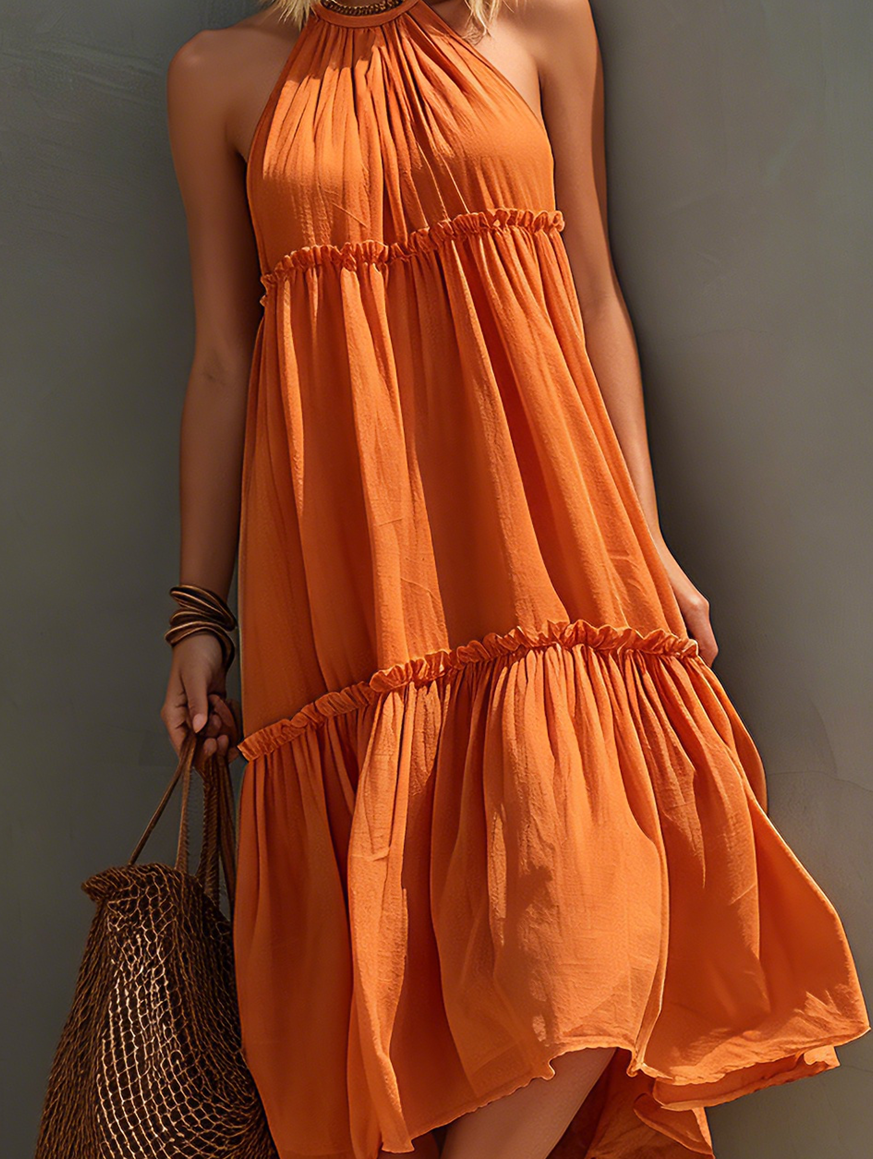 Women's Casual Orange Cotton-Linen Sleeveless Midi Dress With Round Neck MDZ1279E6LXY
