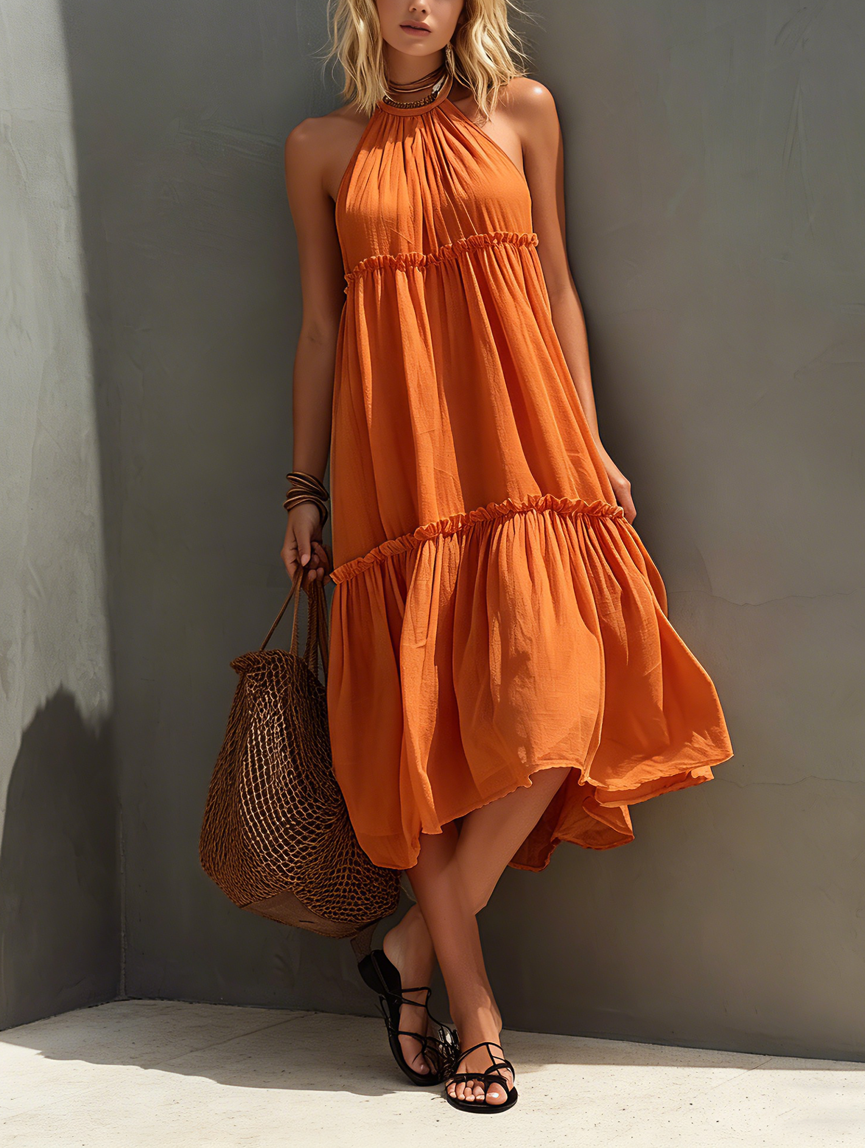 Women's Casual Orange Cotton-Linen Sleeveless Midi Dress With Round Neck MDZ1279E6LXY