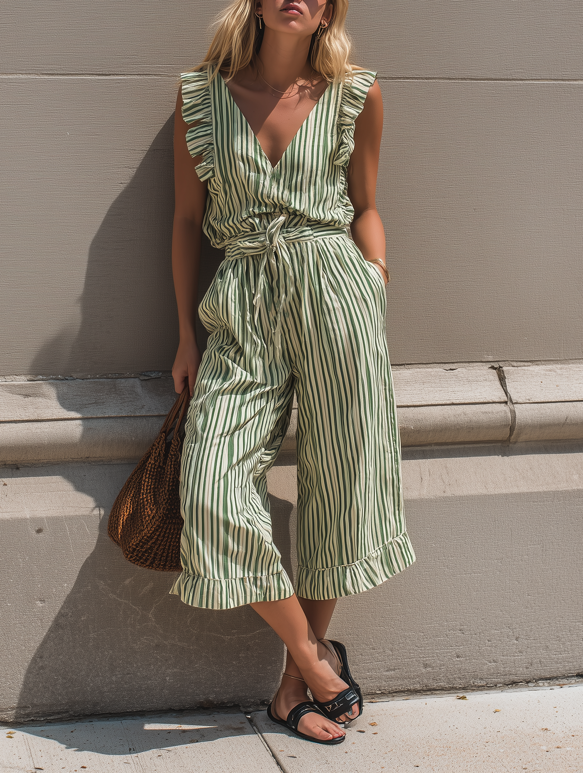 Women's Casual White And Green Striped Woven V-Neck Sleeveless Top Paired With Cropped Pants MDZ1228E6LXY
