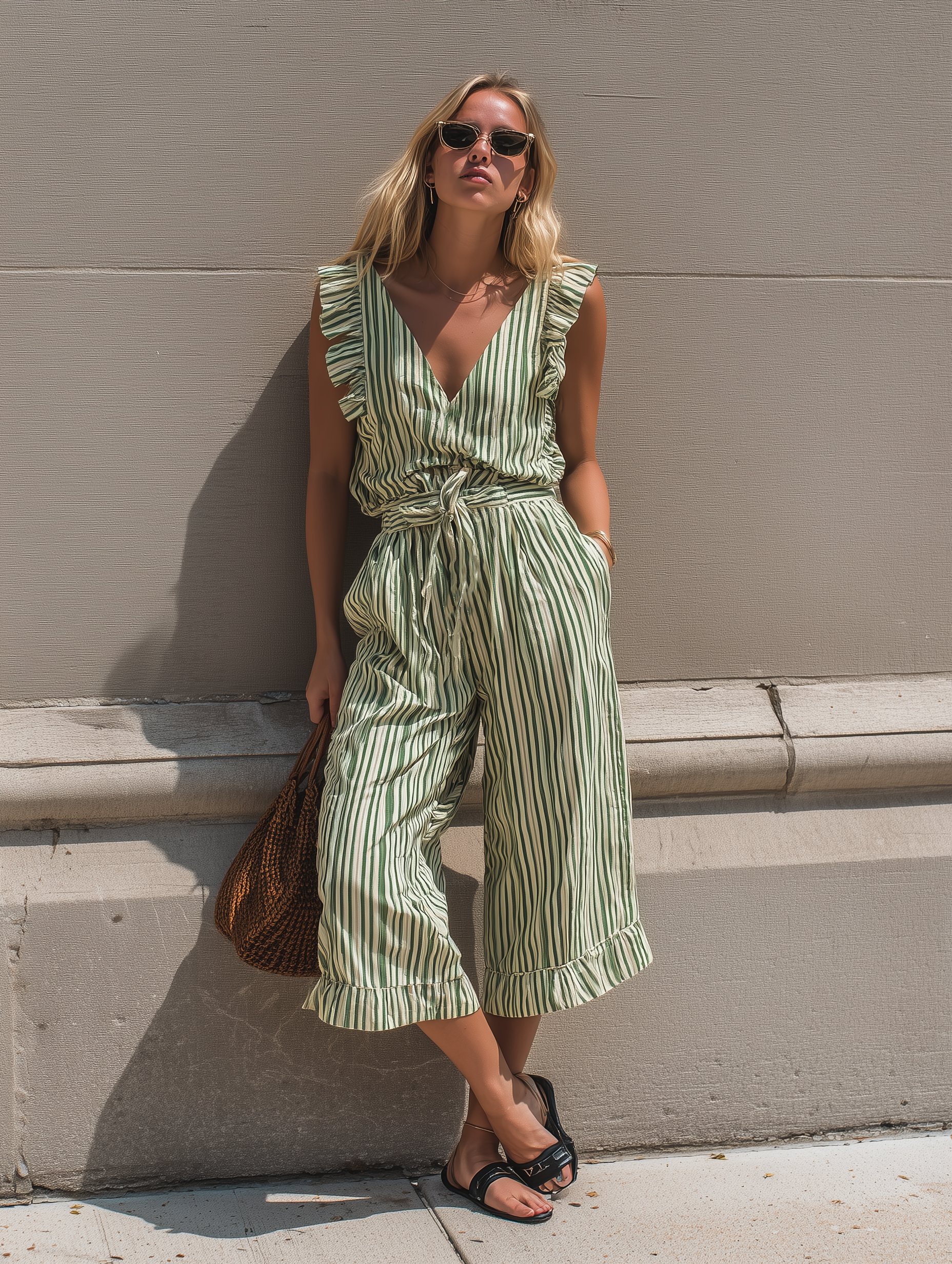 Women's Casual White And Green Striped Woven V-Neck Sleeveless Top Paired With Cropped Pants MDZ1228E6LXY
