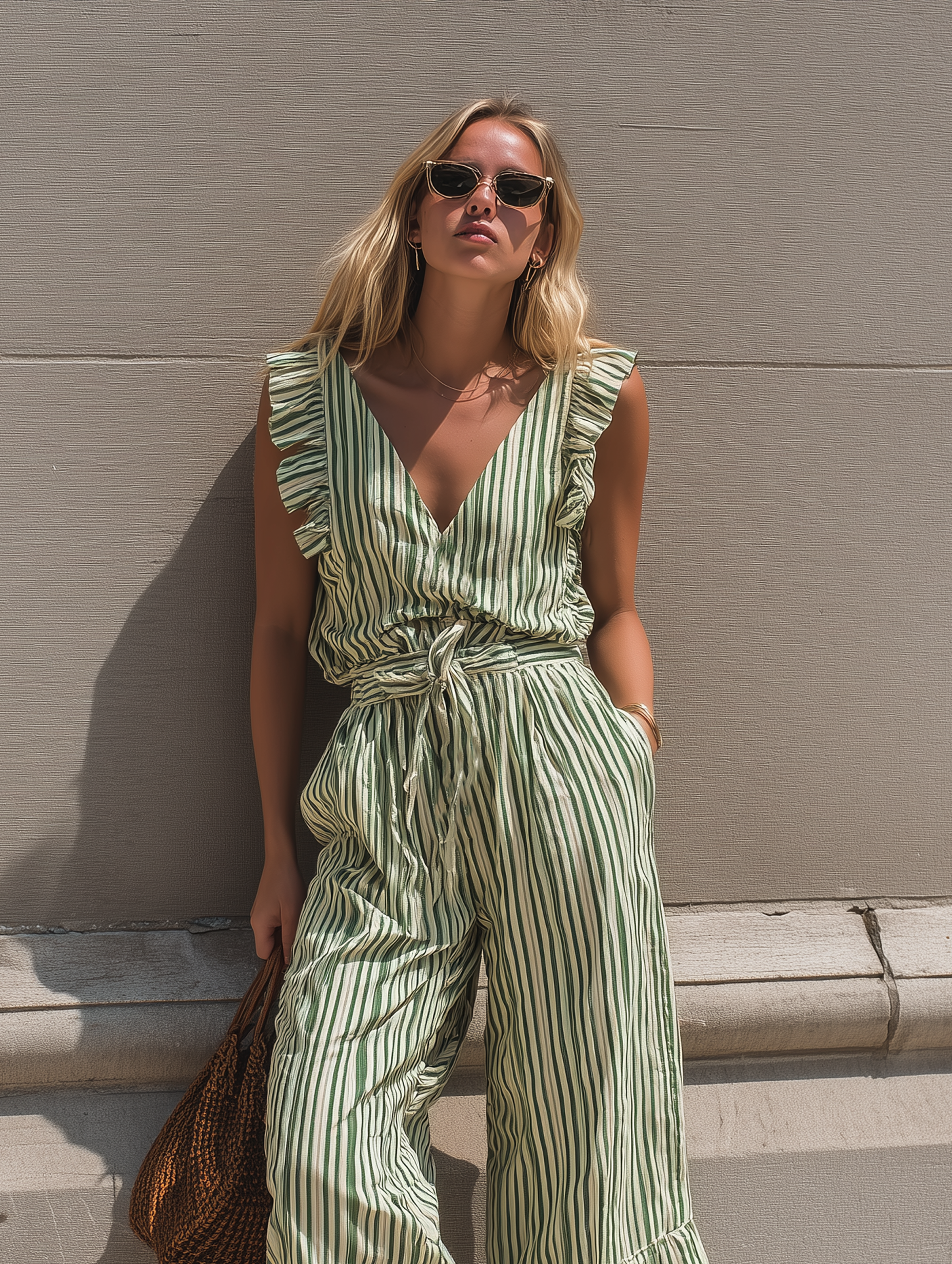 Women's Casual White And Green Striped Woven V-Neck Sleeveless Top Paired With Cropped Pants MDZ1228E6LXY