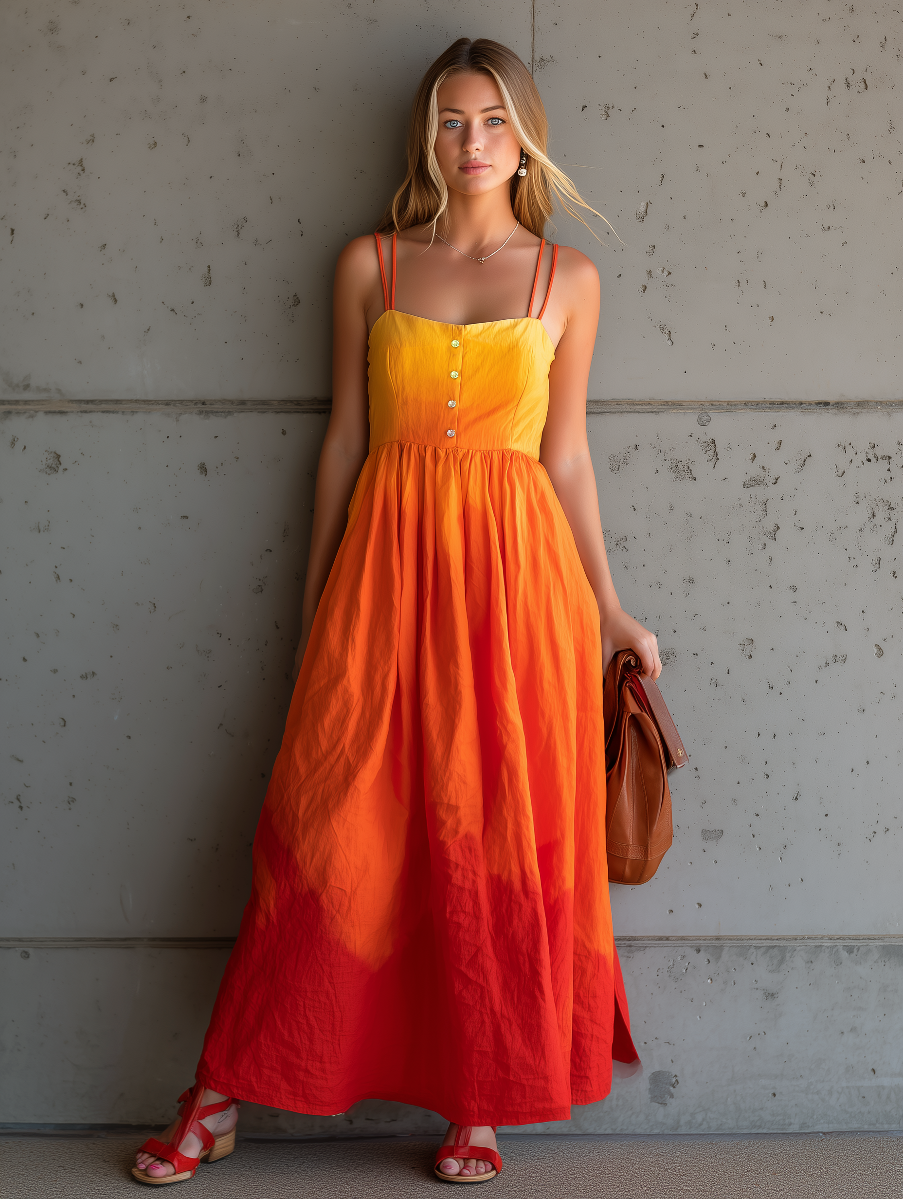 Women's Casual Orange Gradient Woven Maxi Dress — Sleeveless, Spaghetti-Strap, Loose Fit MDZ1270E0LXY