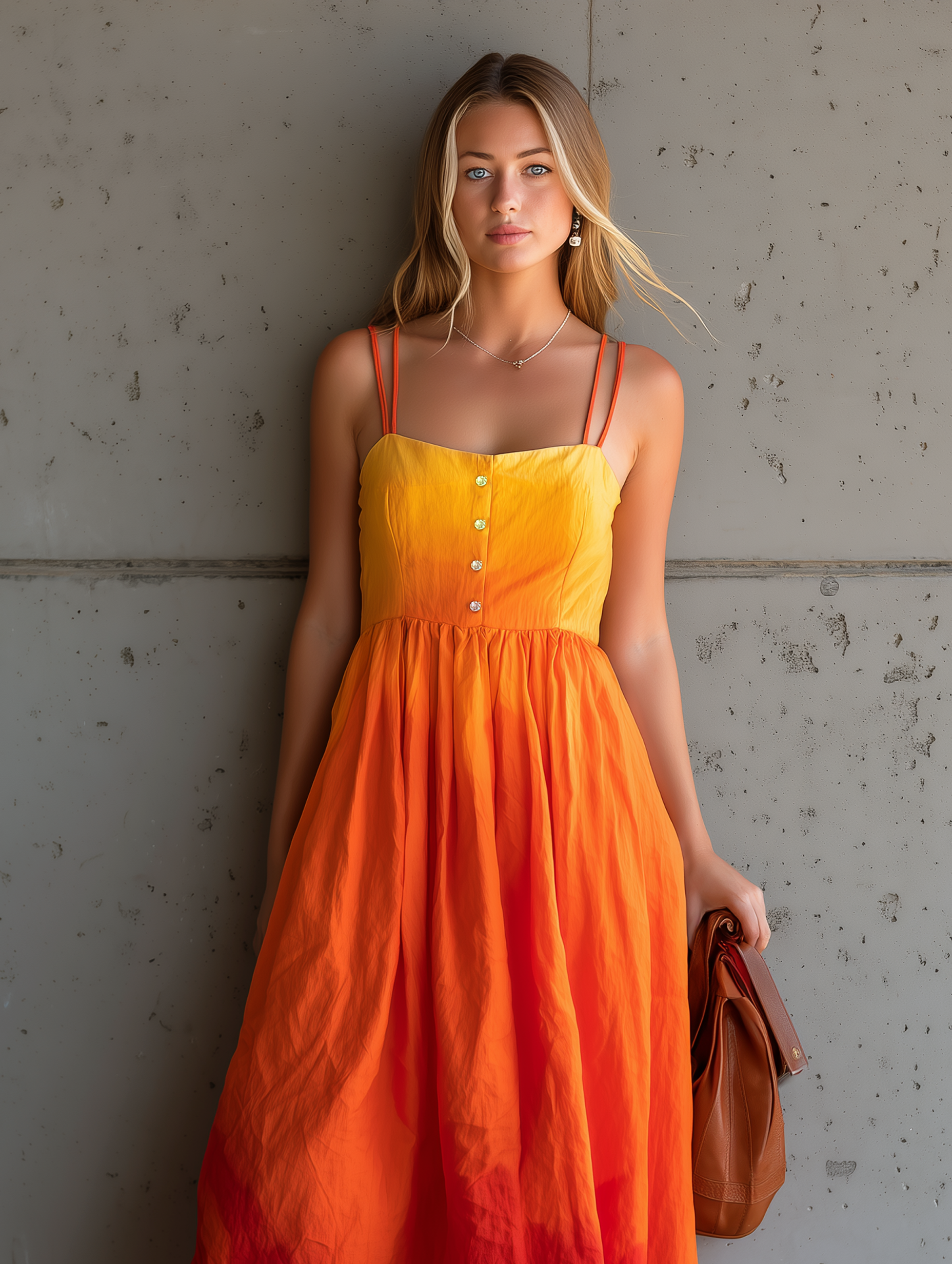Women's Casual Orange Gradient Woven Maxi Dress — Sleeveless, Spaghetti-Strap, Loose Fit MDZ1270E0LXY