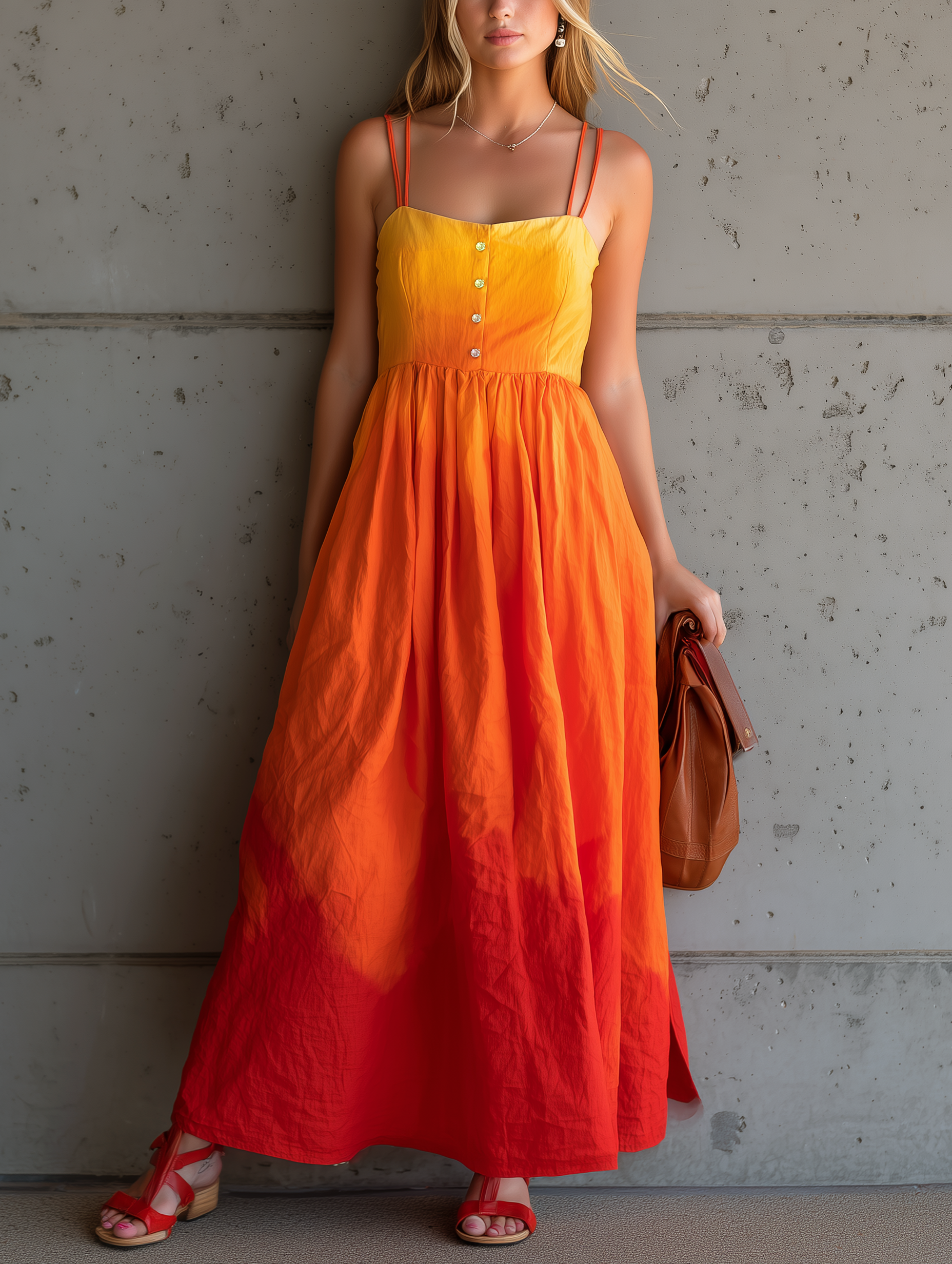 Women's Casual Orange Gradient Woven Maxi Dress — Sleeveless, Spaghetti-Strap, Loose Fit MDZ1270E0LXY