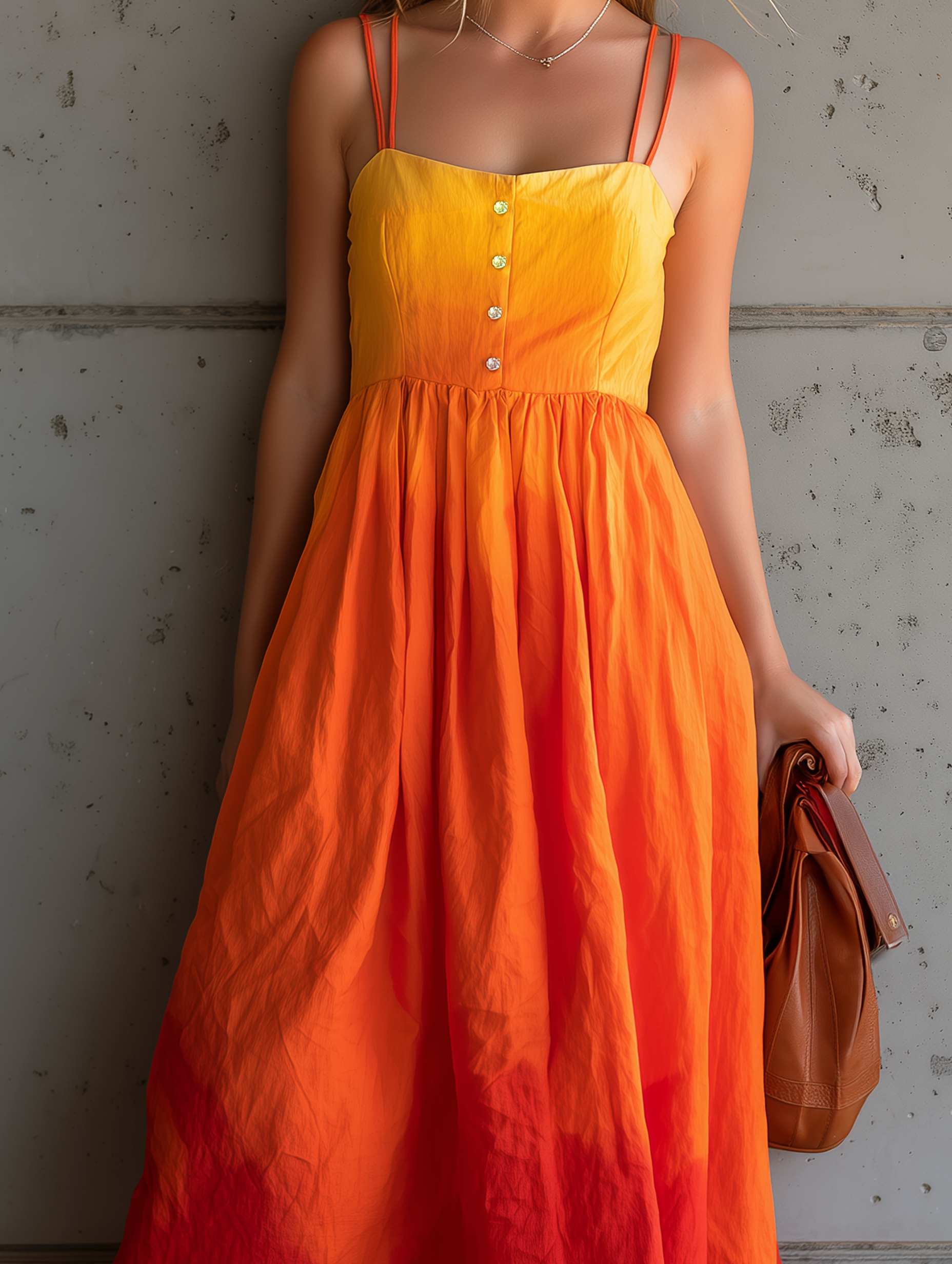 Women's Casual Orange Gradient Woven Maxi Dress — Sleeveless, Spaghetti-Strap, Loose Fit MDZ1270E0LXY