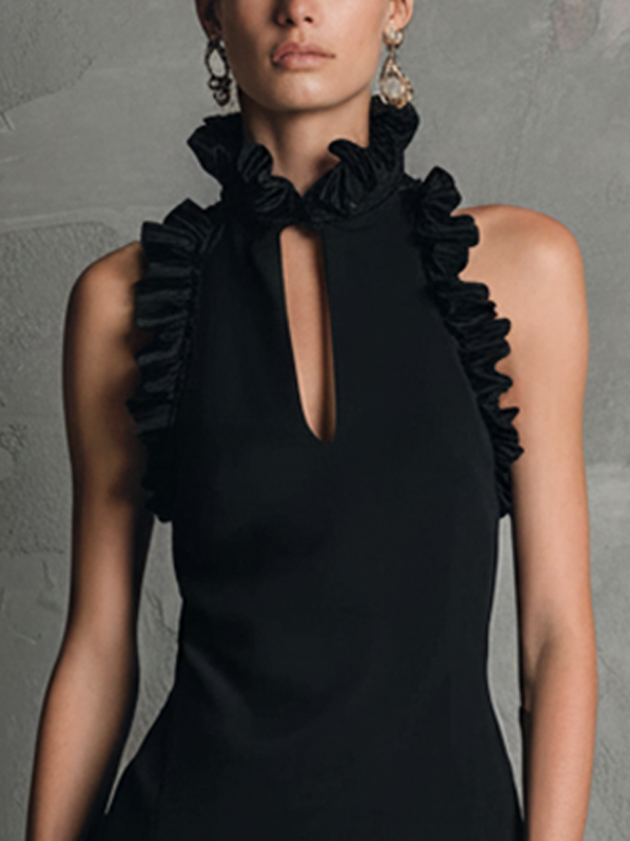 Women's Fashionable Black Knit Cotton Blend Ruffle Trim High Neck Sleeveless Mini Dress MDZ1204E2GMJ
