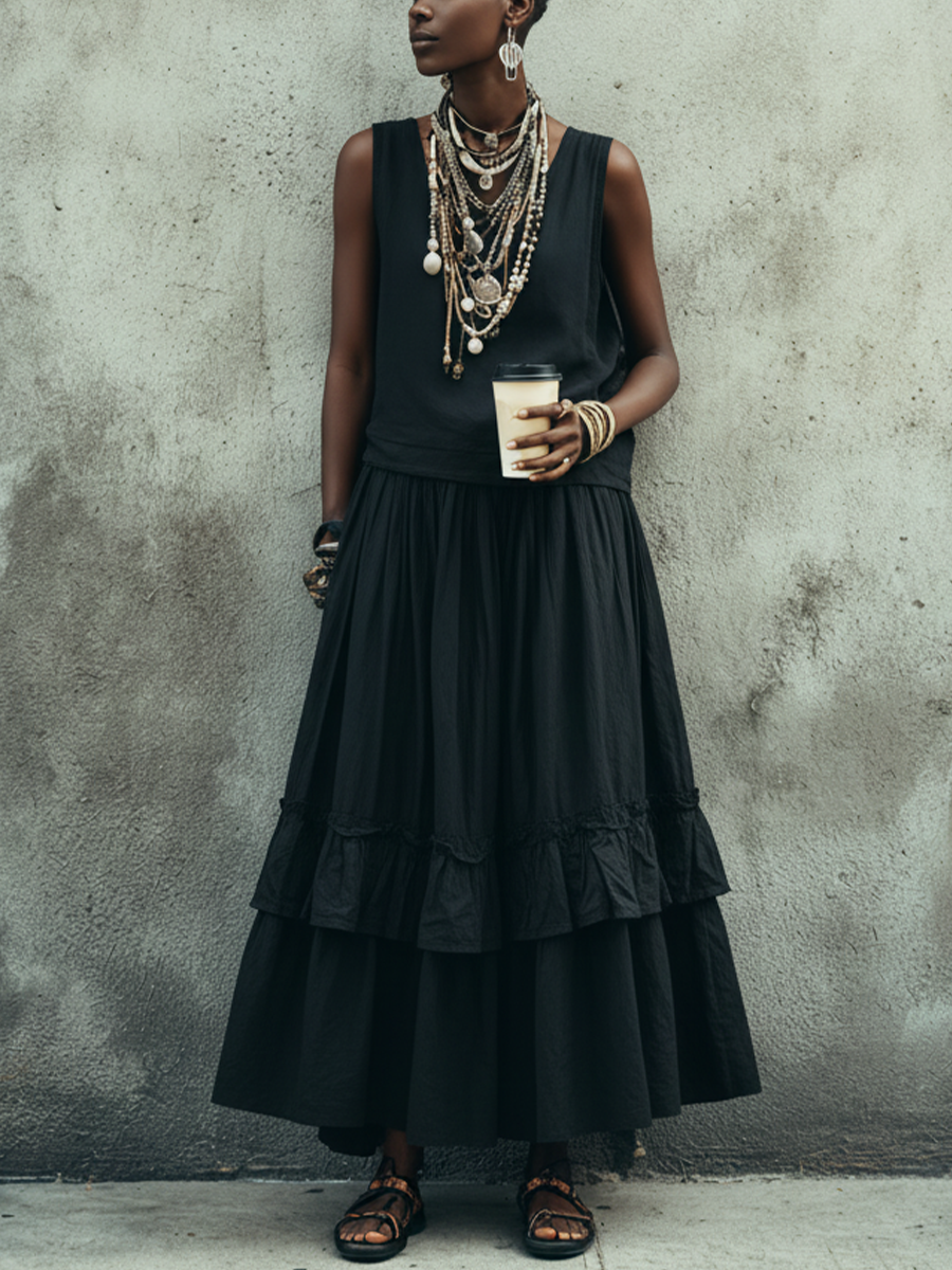 Women's Artistic Black Linen-Cotton Crew Neck Sleeveless Top And Tiered Ruffle Maxi Skirt Set MDZ1282E9GMJ