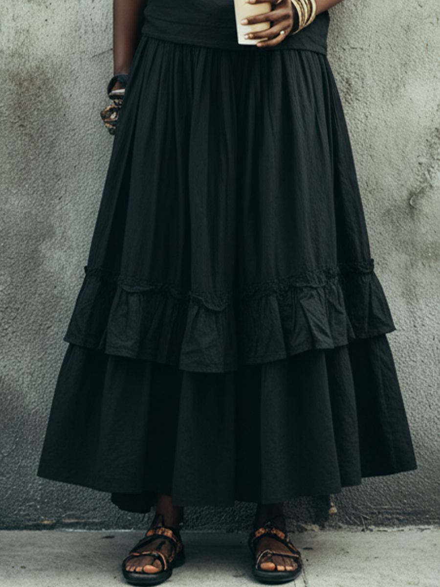 Women's Artistic Black Linen-Cotton Crew Neck Sleeveless Top And Tiered Ruffle Maxi Skirt Set MDZ1282E9GMJ