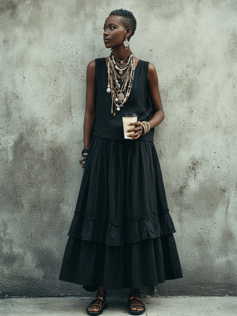 Women's Artistic Black Linen-Cotton Crew Neck Sleeveless Top And Tiered Ruffle Maxi Skirt Set MDZ1282E9GMJ
