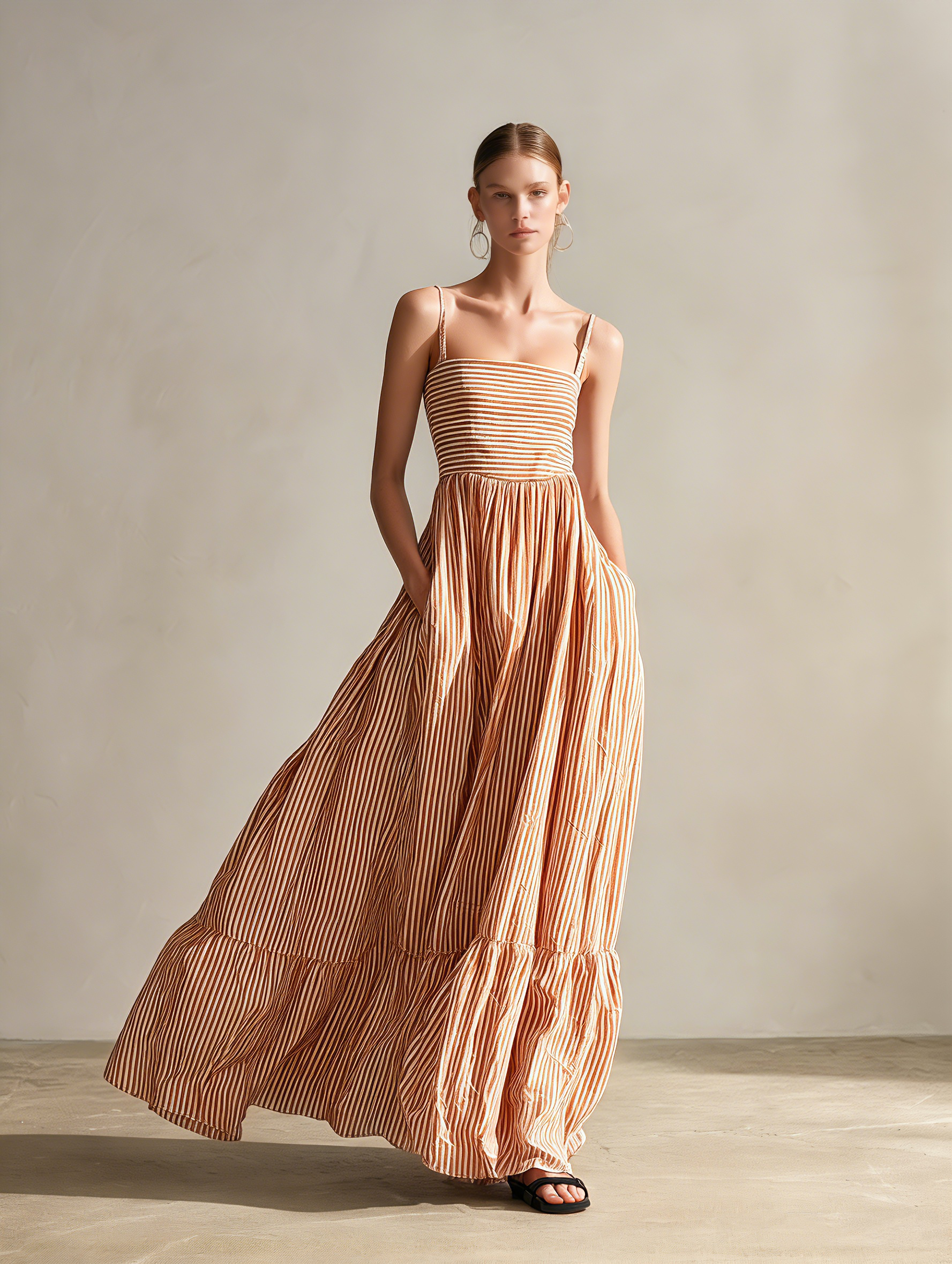 Women's Casual Orange And White Striped Woven Sleeveless Maxi Dress With Spaghetti Straps MDZ1339E4LXY