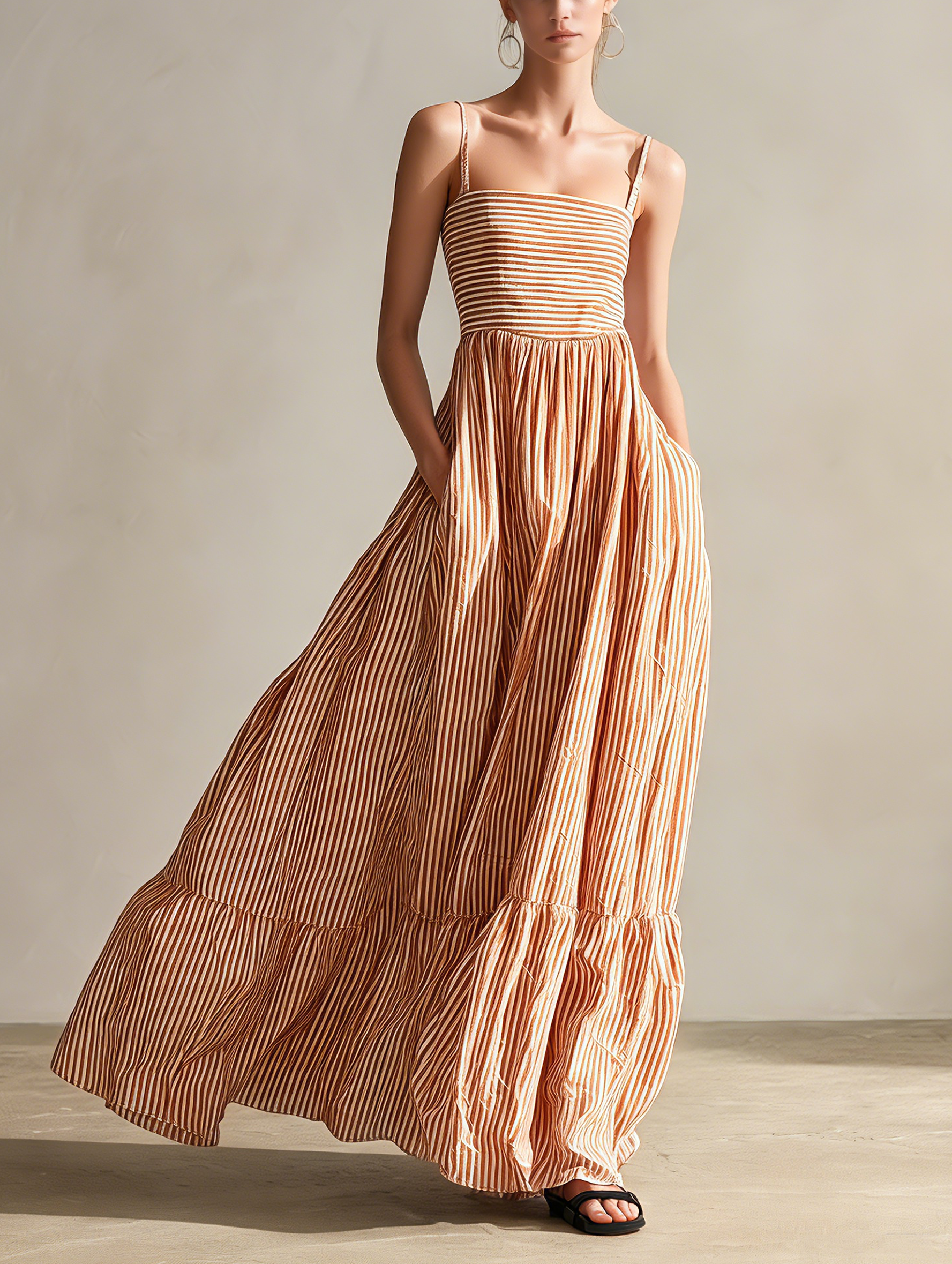 Women's Casual Orange And White Striped Woven Sleeveless Maxi Dress With Spaghetti Straps MDZ1339E4LXY