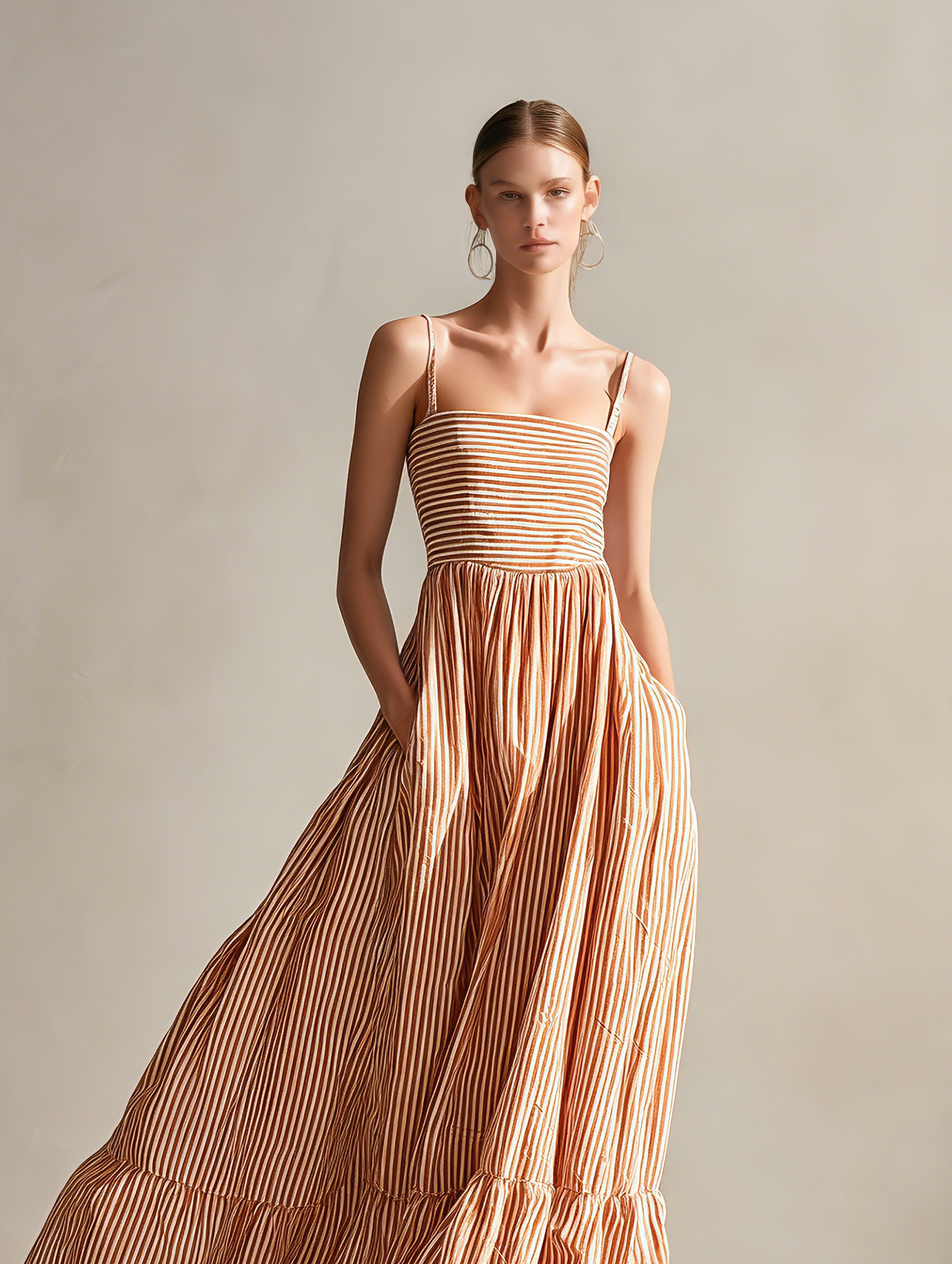 Women's Casual Orange And White Striped Woven Sleeveless Maxi Dress With Spaghetti Straps MDZ1339E4LXY