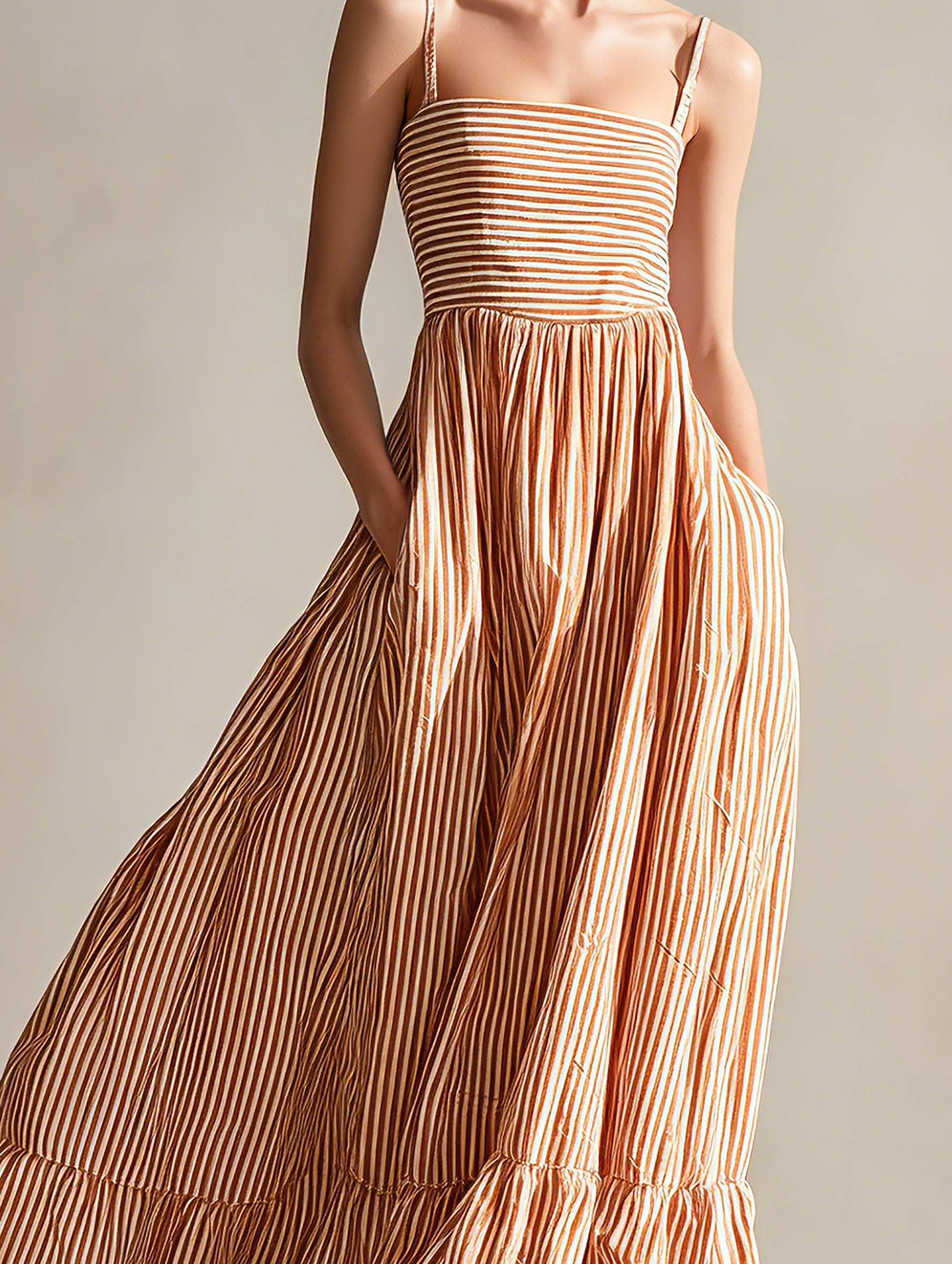 Women's Casual Orange And White Striped Woven Sleeveless Maxi Dress With Spaghetti Straps MDZ1339E4LXY