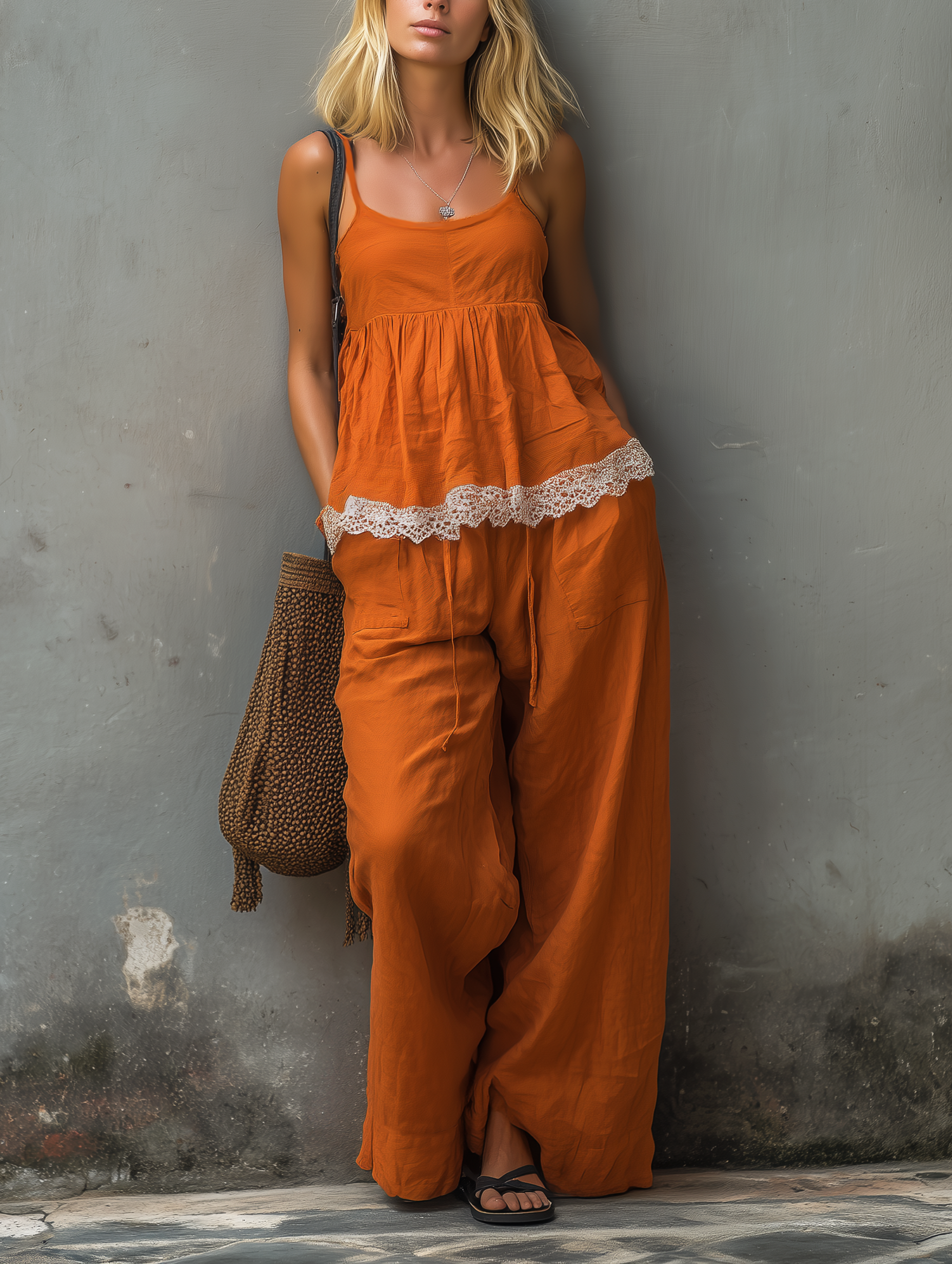 Women's Casual Orange Cotton-Linen Camisole Top With Trousers MDZ1380E1LXY