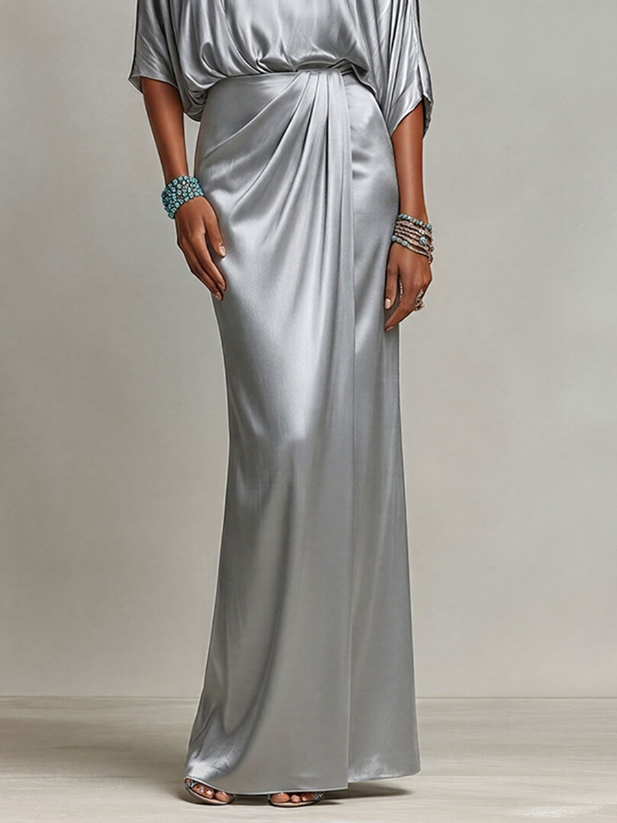 Women's Gray Satin Formal Co-Ord Set With Boat Neck Top & Wrap Draped Skirt, Modern Sophisticated Gala Outfit MDZ1363E9LYL
