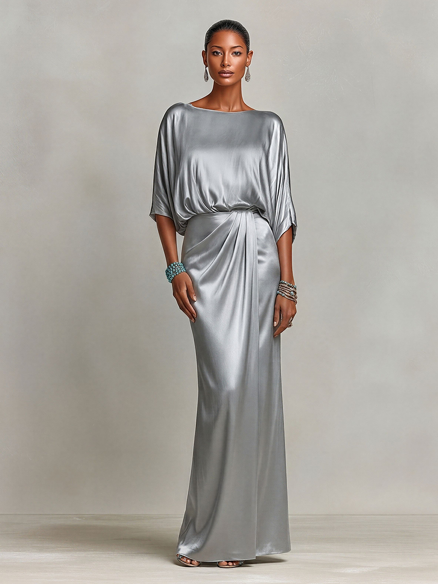 Women's Gray Satin Formal Co-Ord Set With Boat Neck Top & Wrap Draped Skirt, Modern Sophisticated Gala Outfit MDZ1363E9LYL