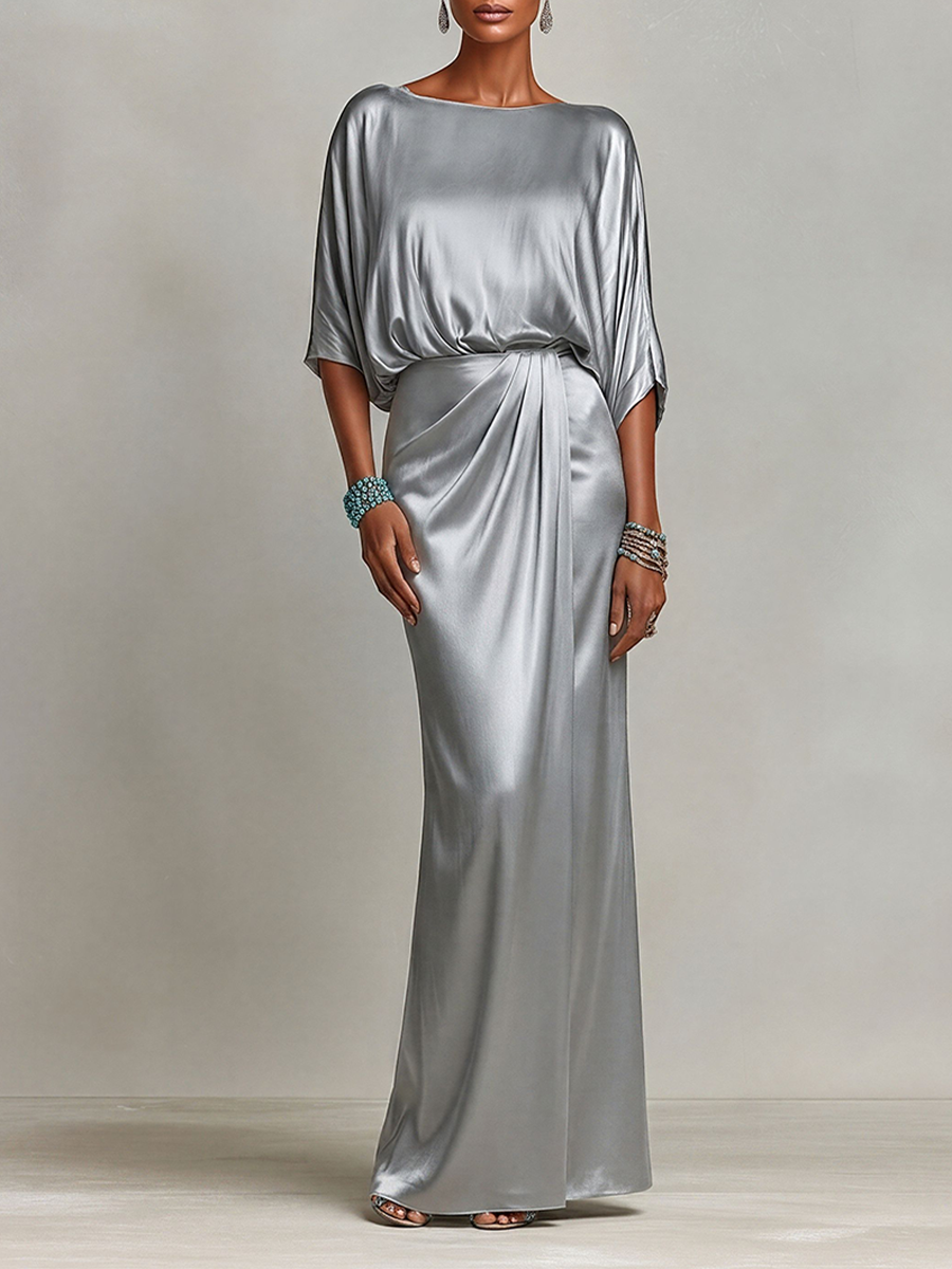 Women's Gray Satin Formal Co-Ord Set With Boat Neck Top & Wrap Draped Skirt, Modern Sophisticated Gala Outfit MDZ1363E9LYL