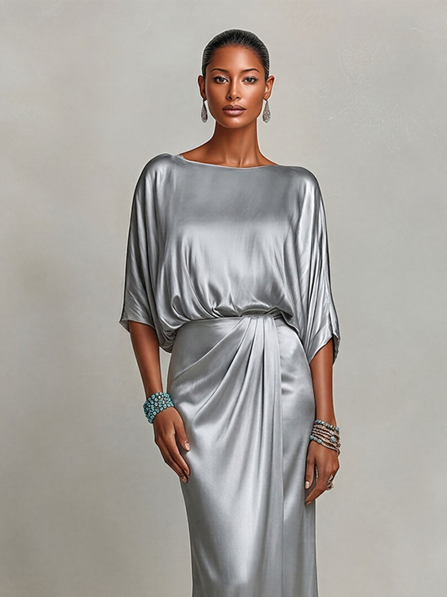 Women's Gray Satin Formal Co-Ord Set With Boat Neck Top & Wrap Draped Skirt, Modern Sophisticated Gala Outfit MDZ1363E9LYL