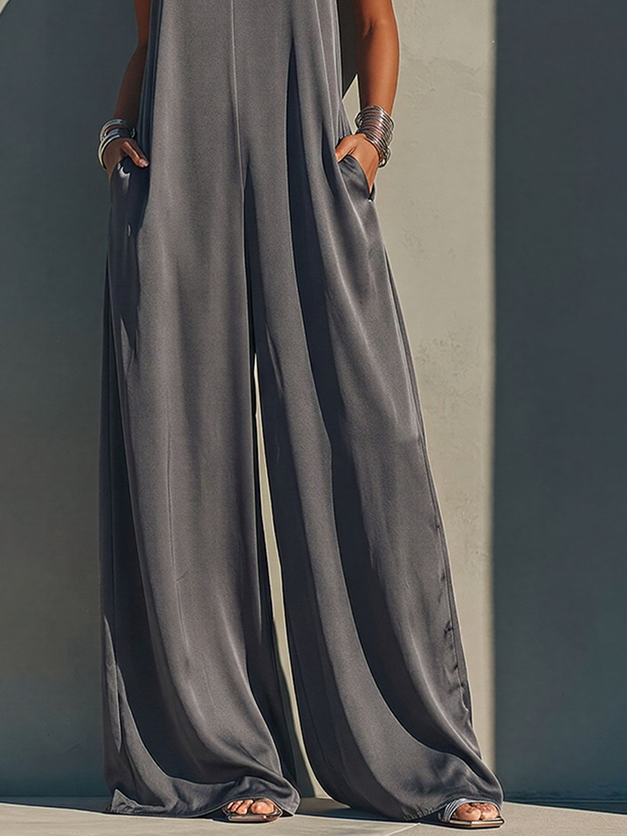 Women's Dark Gray Sleeveless Satin Jumpsuit With Deep V-Neck & Side Pockets, Modern Effortless-Chic Everyday Outfit MDZ1334E4LYL