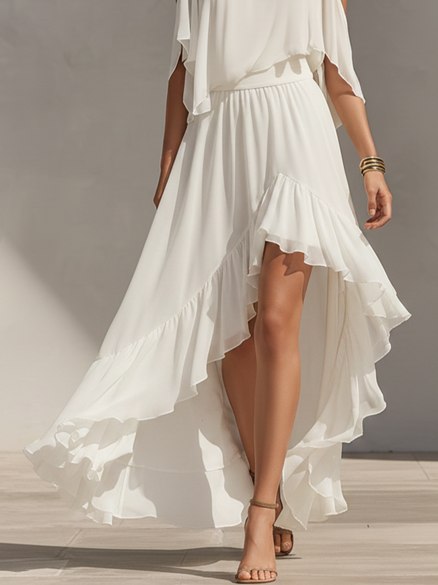 Women's Ivory Chiffon Dress With Cold Shoulder Sleeves & Tiered Ruffle High-Low Hem, Contemporary Elegant Summer Dress MDZ1391E8LYL