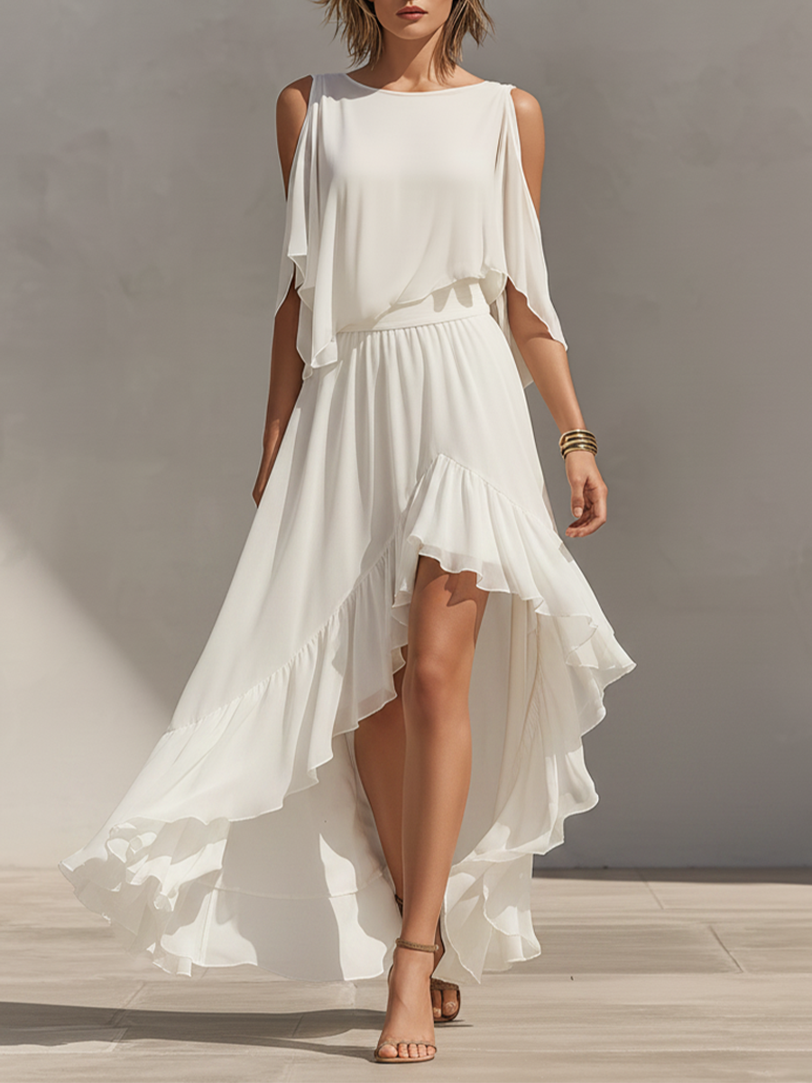 Women's Ivory Chiffon Dress With Cold Shoulder Sleeves & Tiered Ruffle High-Low Hem, Contemporary Elegant Summer Dress MDZ1391E8LYL