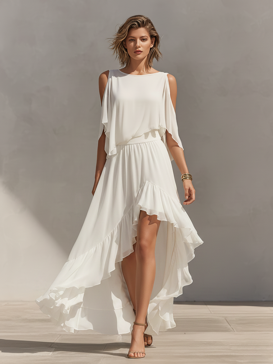 Women's Ivory Chiffon Dress With Cold Shoulder Sleeves & Tiered Ruffle High-Low Hem, Contemporary Elegant Summer Dress MDZ1391E8LYL