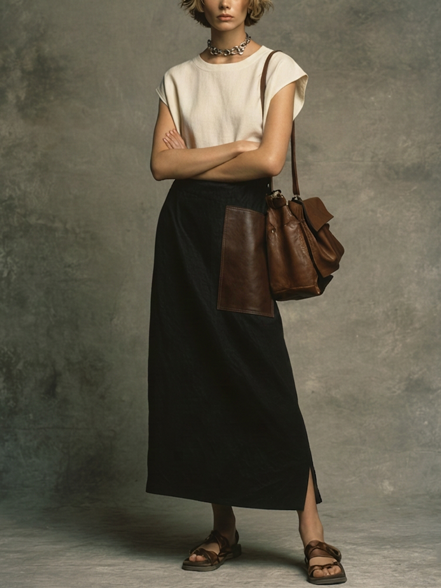 Women's Minimalist Off-White Cotton Blend Round Neck Sleeveless Top + Black Cotton Blend Leather Patchwork Long Skirt With Side Slit Set MDZ1391E5GMJ
