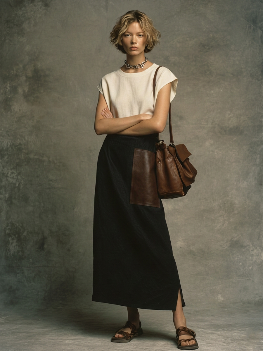 Women's Minimalist Off-White Cotton Blend Round Neck Sleeveless Top + Black Cotton Blend Leather Patchwork Long Skirt With Side Slit Set MDZ1391E5GMJ