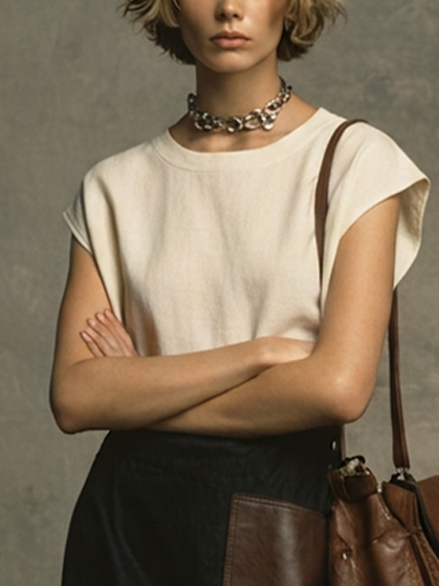 Women's Minimalist Off-White Cotton Blend Round Neck Sleeveless Top + Black Cotton Blend Leather Patchwork Long Skirt With Side Slit Set MDZ1391E5GMJ