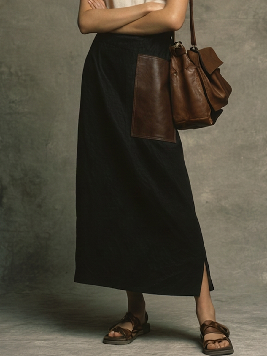 Women's Minimalist Off-White Cotton Blend Round Neck Sleeveless Top + Black Cotton Blend Leather Patchwork Long Skirt With Side Slit Set MDZ1391E5GMJ