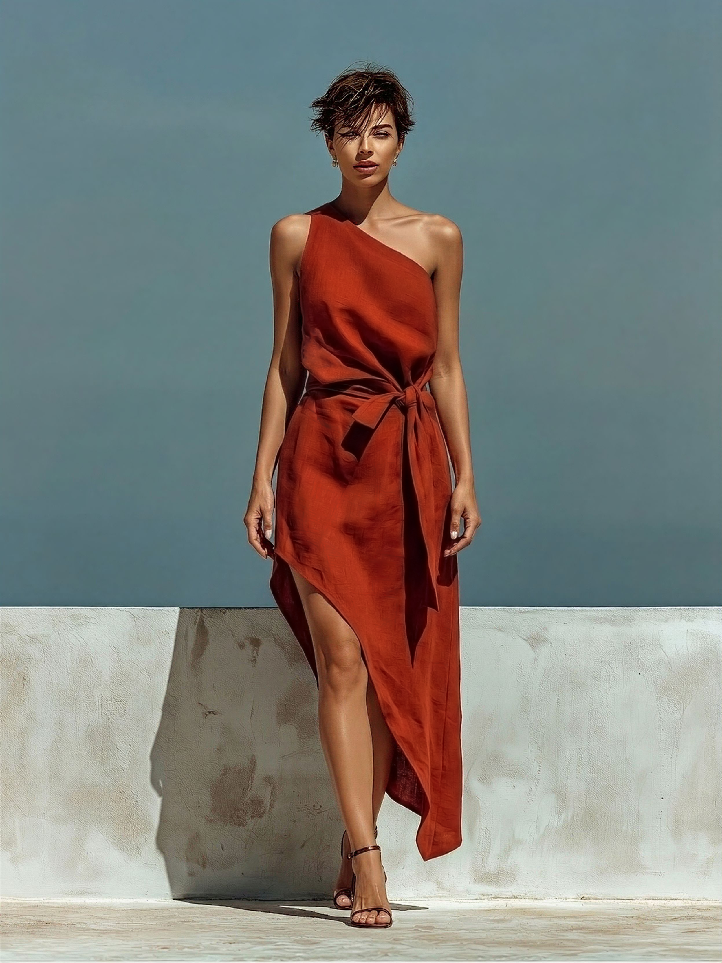 Women’s Rust Linen-Blend One-Shoulder Dress With Waist Tie & Asymmetrical Hem MDZ1409E5T